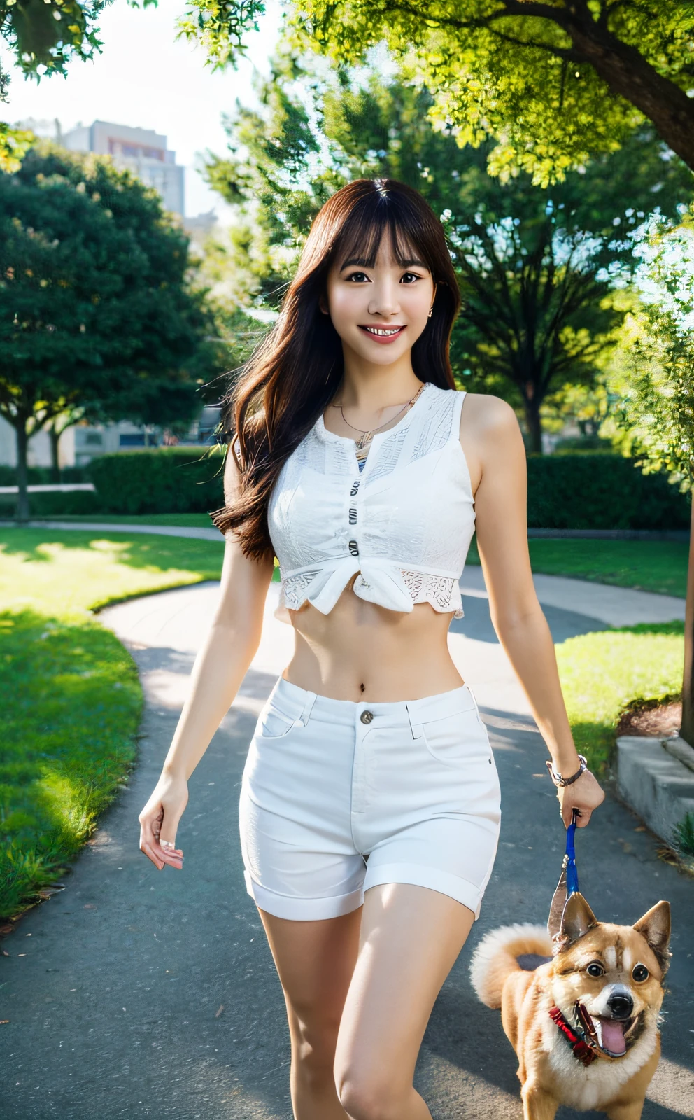 (8k, RAW photo, top quality, masterpiece: 1.2), (realistic, photorealistic: 1.37), ultra detail, ultra high resolution, pio apple, one girl, (smile: 1.2), beautiful detailed eyes, floating hair, bangs, skin texture, narrow waist, slim waist, (curve: 0.4), belly buttons, legs, movie lighting, professional lighting, light face, park, with dog, walking, sideways