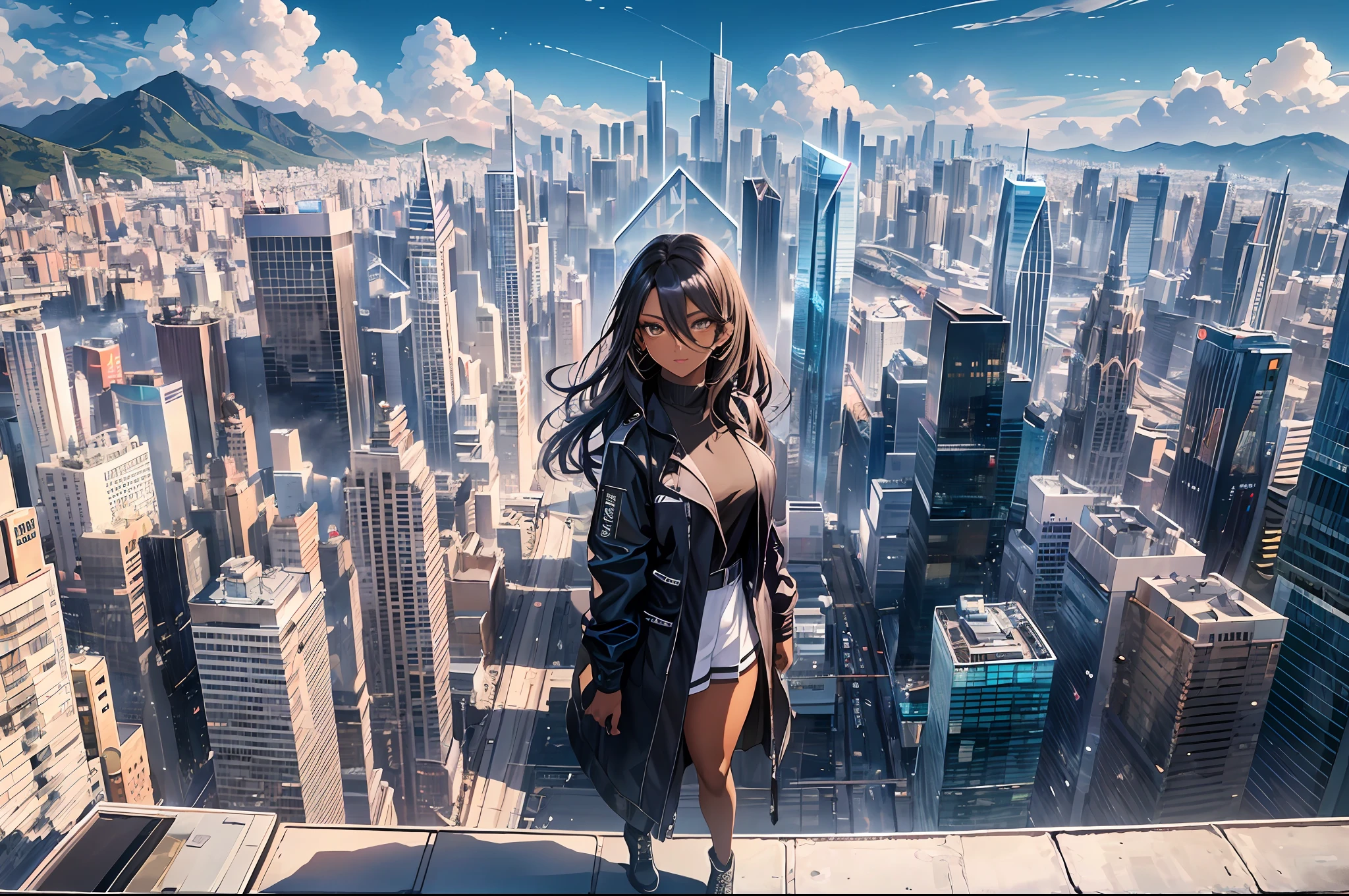Pasagem Cidade (a young woman:1.2)| (a girl:1.1), dark skin, portrait, makeup, super detailed, modern style, city, direct look, contoured. The woman is in the right corner and has a panoramic view of the city. Focus on the city, woman is far away