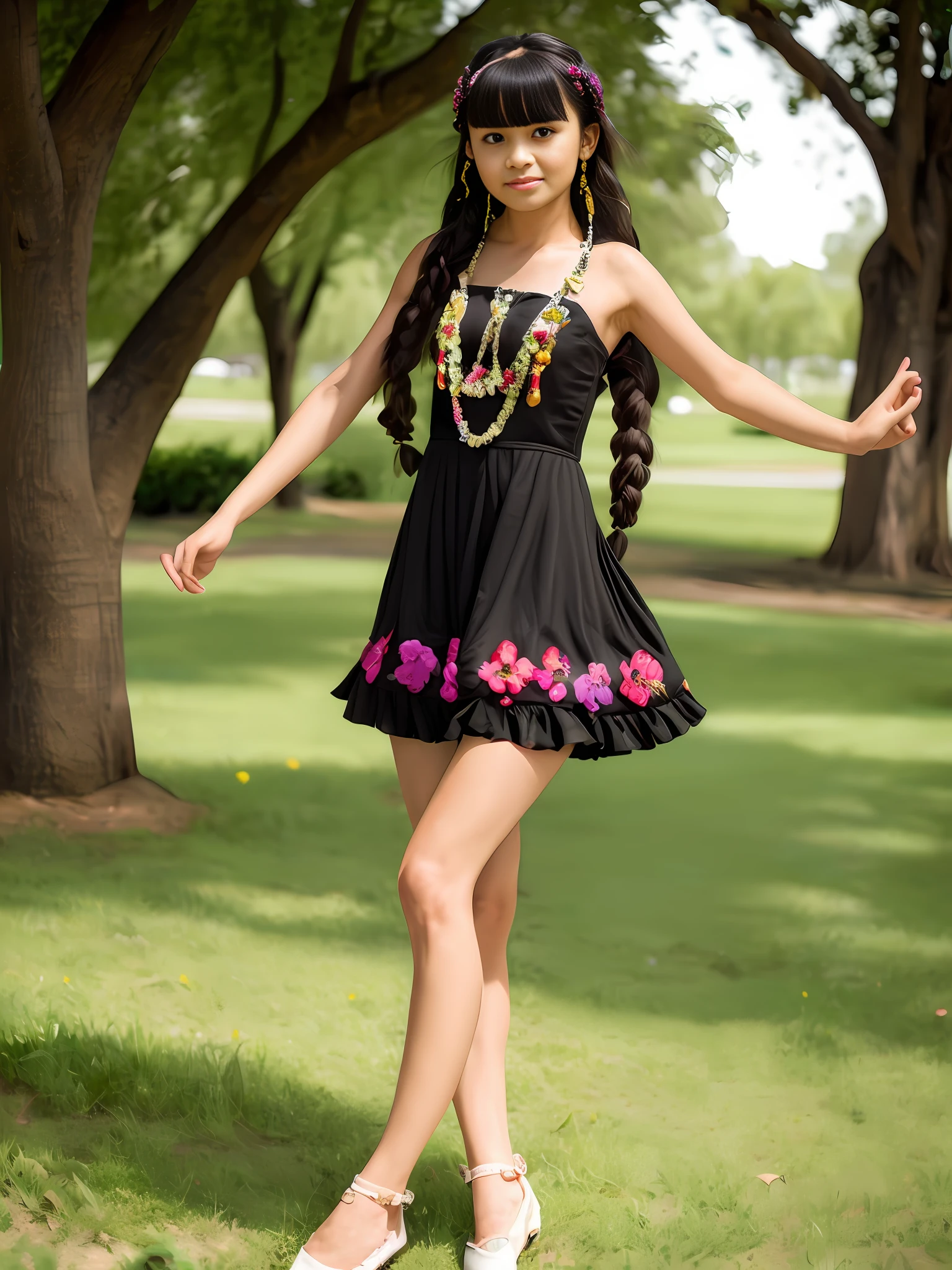 18 years old cute ite teen, beautiful indian girl, braided hair, flower head, cute and shy, blush, wearing a small dress, full body, bangs, in the park, sexy and ultra-realistic, photorealistic, detailed, fair skinned, 8K detailed, [indifferent, NSFW,], black hair semi-long cute girl dancing Guatemalan dance,