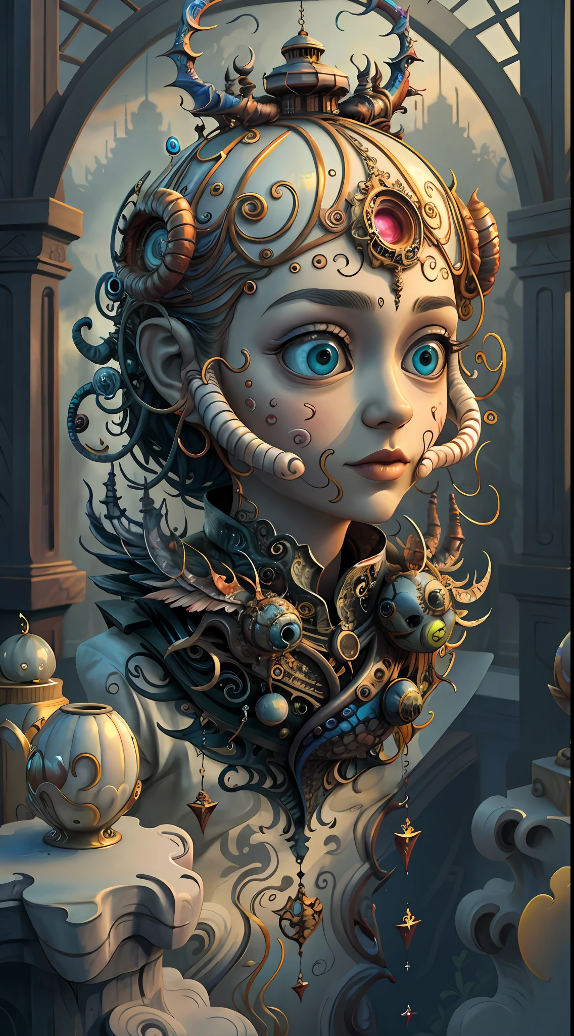 (best quality: 1.4), (masterpiece: 1.2), detailed, complex, high resolution, iridescent colors, A charming and fascinating creature with otherworldly forms that blend the best aspects of the monster human form and the innocent charm of a precocious child, scales, wings, blue, texture, complex, gorgeous, 3D, highly detailed, decorative style, Tim Burton, Dale Chihuly, Bruce Zheng, Cyril Rolando, H. R. Giger $plastic$ Grid: Real Lenoid afremov style, wet, fire