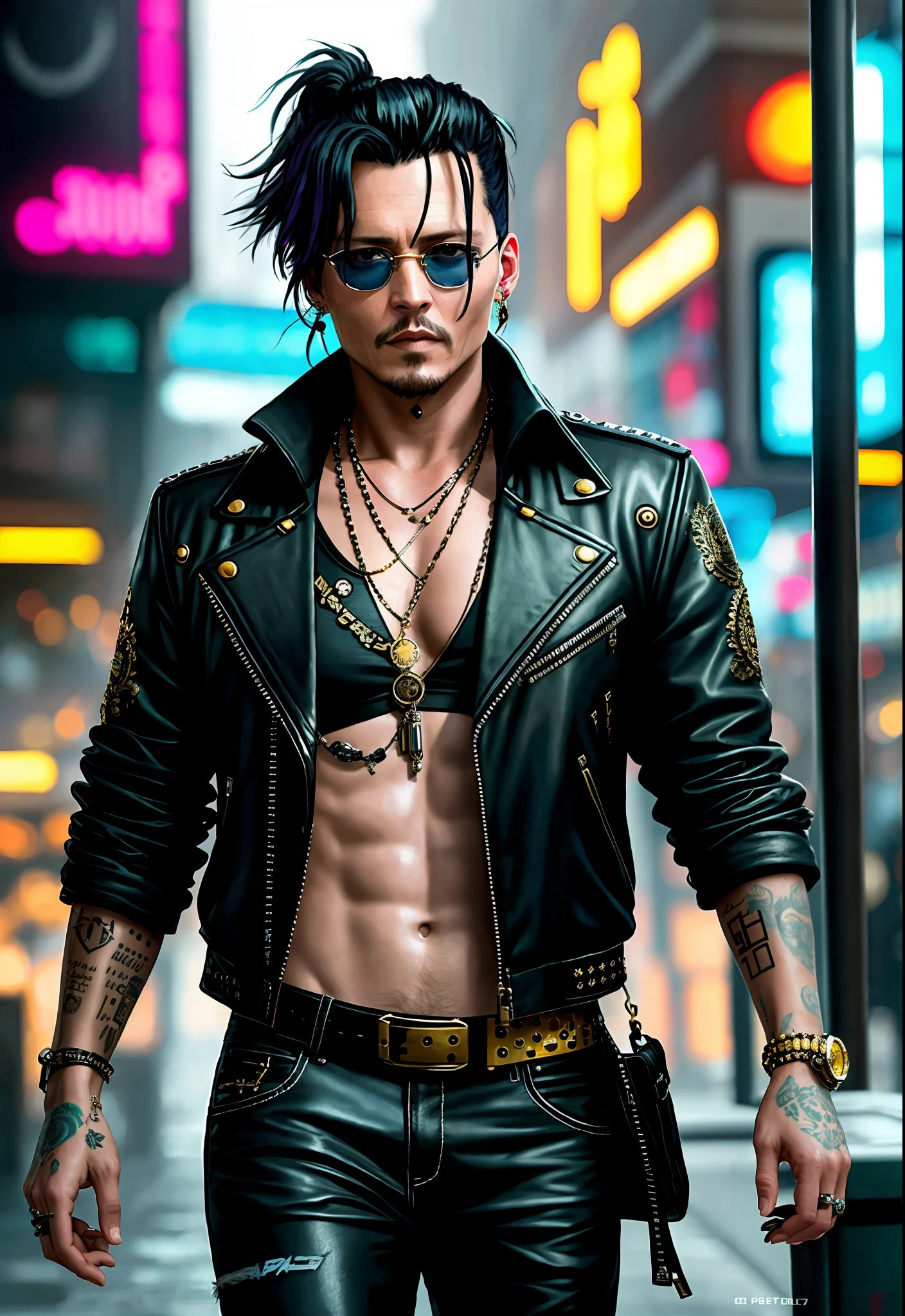 a painting of a Johnny Depp, background, style Cyberpunk 2077, band of gold round his breasts
