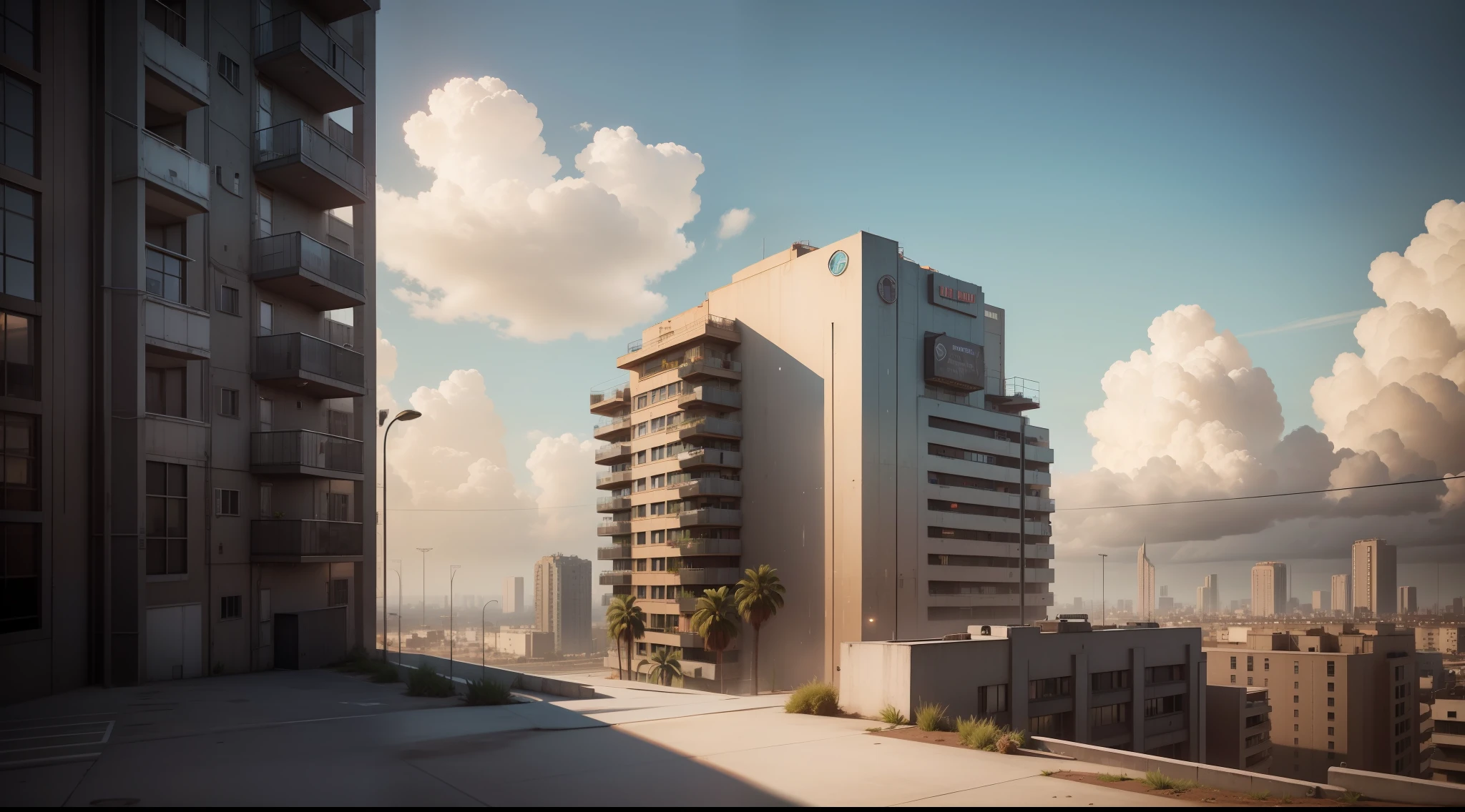 vista externa de prédio de apartamento dieselpunk , vibrant, photorealistic, realistic, dramatic, dark, sharp focus, 8k