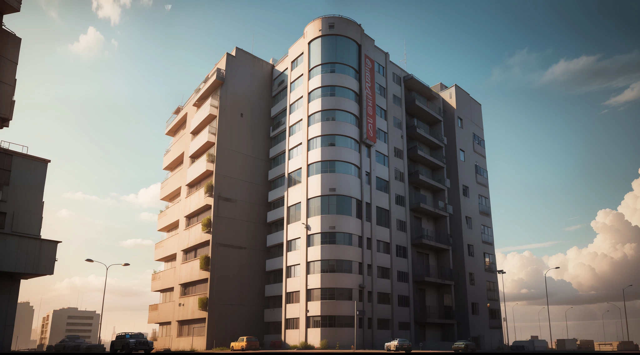 vista externa de prédio de apartamento dieselpunk , vibrant, photorealistic, realistic, dramatic, dark, sharp focus, 8k