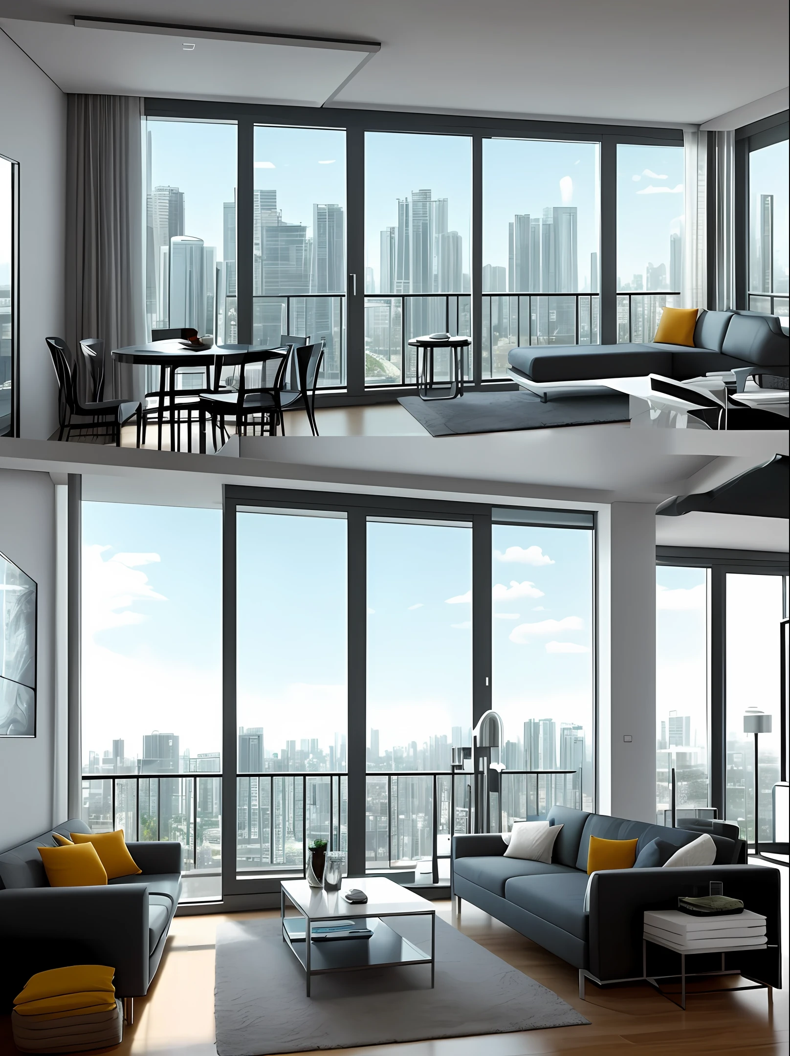 Cinematic scene: futuristic apartments with superior view, 2 bedrooms, living room, kitchen, bathroom and balcony with laundry of 34m²