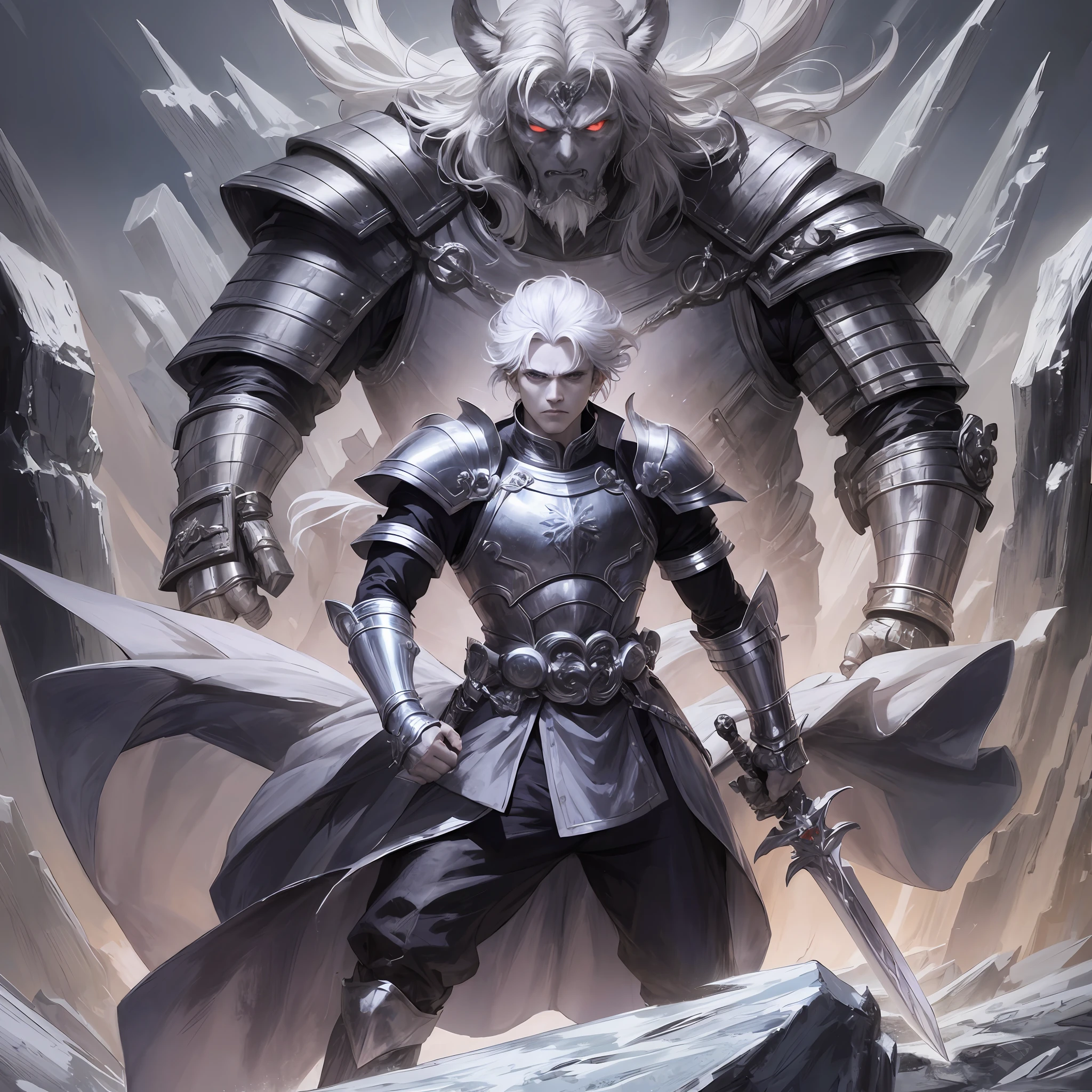 Anime, medium white hair, male, sad face, arms crossed, wearing a paw, gauntlet sword, black clothes, saddened, furious, arms outstretched, holding a gauntlet sword paw, cold, ice powers, frozen place, next to a giant made of ice, ice monster