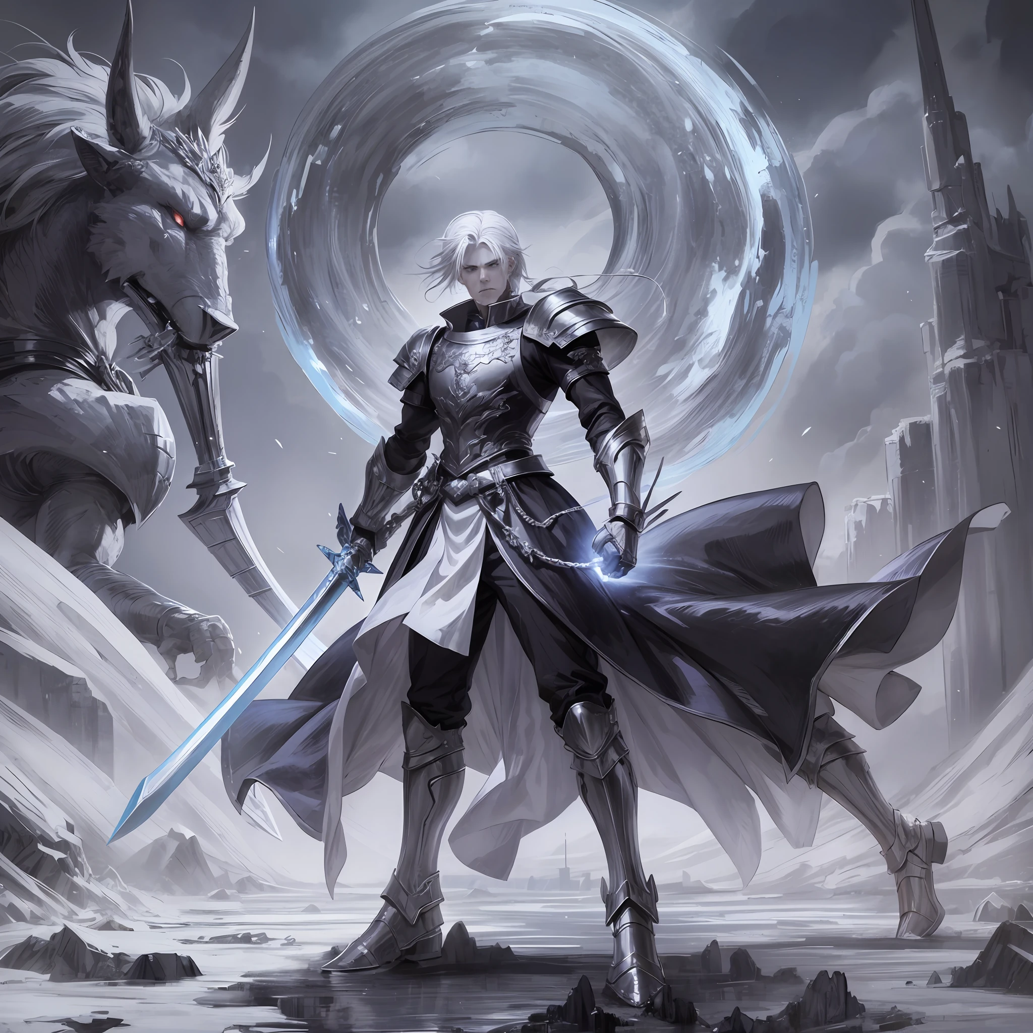 Anime, medium white hair, male, sad face, arms crossed, wearing a paw, gauntlet sword, black clothes, saddened, furious, arms outstretched, holding a gauntlet sword paw, cold, ice powers, frozen place, next to a giant made of ice, ice monster
