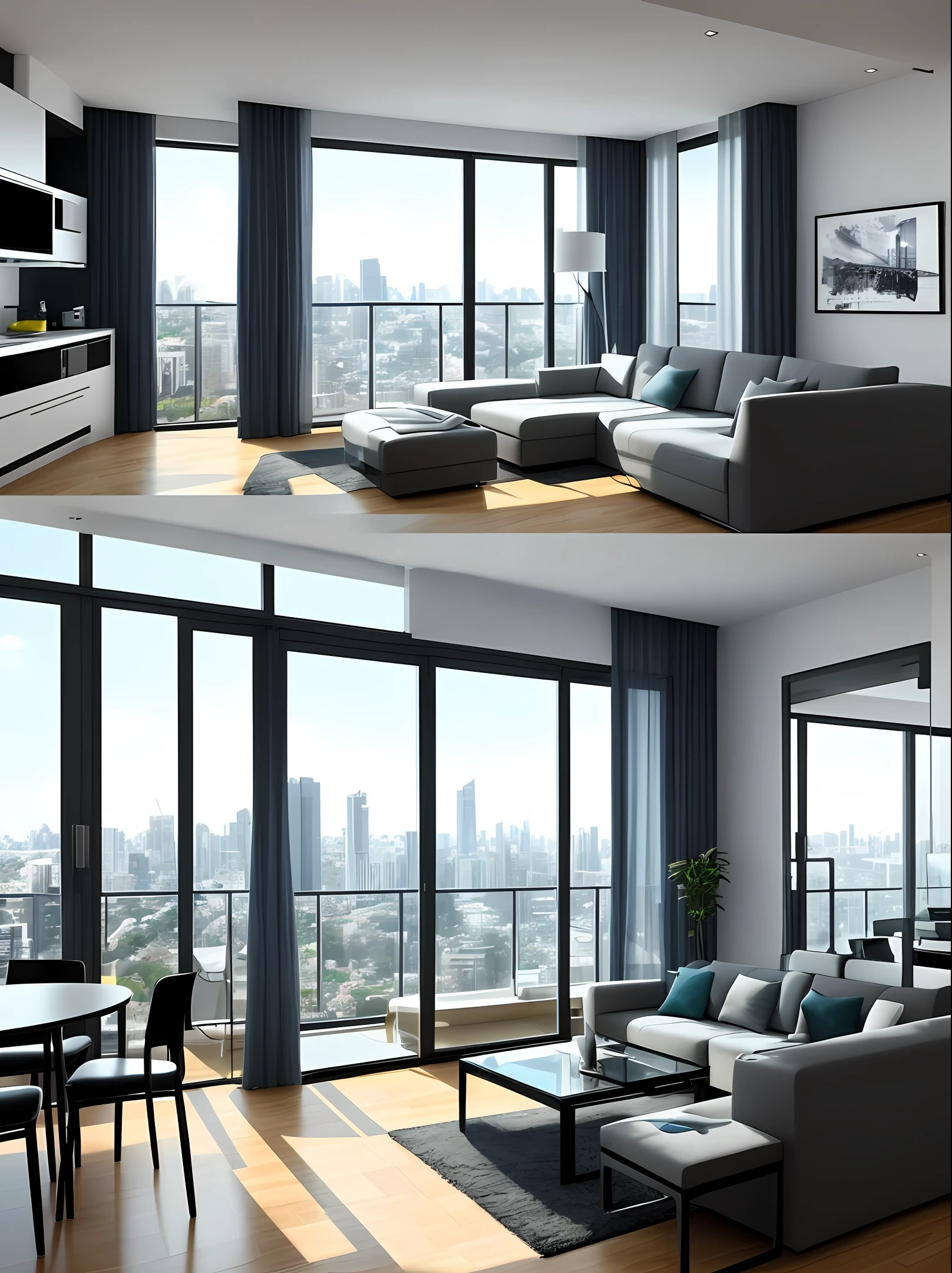 Cinematic scene: futuristic apartments with superior view, 2 bedrooms, living room, kitchen, bathroom and balcony with laundry of 34m²