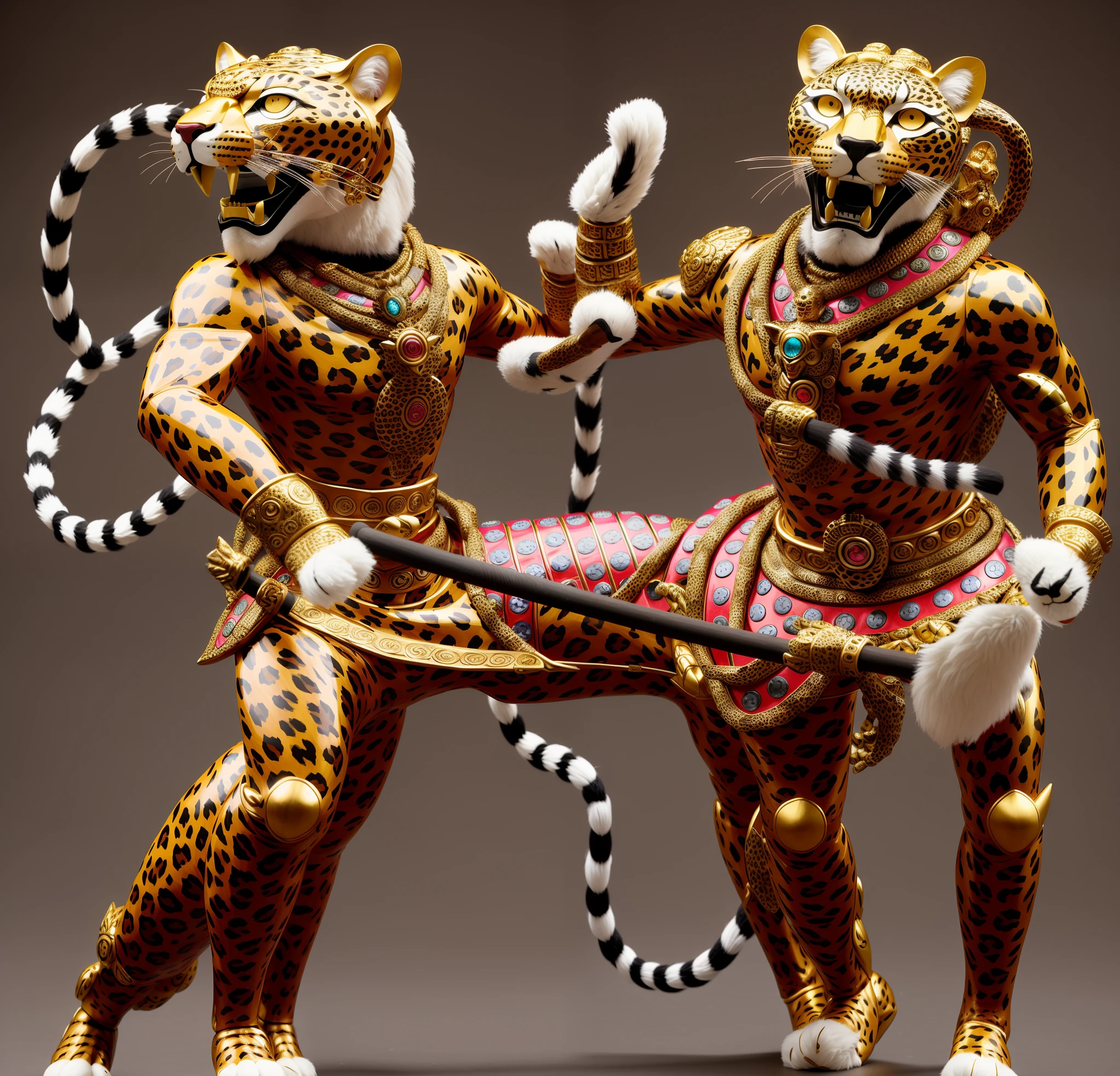 Leopard statues individual bodies are dressed in different colors and patterns, humanoid cheetah, by Kanō Tan'yū, rich Aztec jaguar armor, leopard antro sorcerer, wearing golden cat armor, Mayan jaguar warrior, Aztec warrior with jaguar mask, ***, masami kurumada, posing for an intricate fight, kali