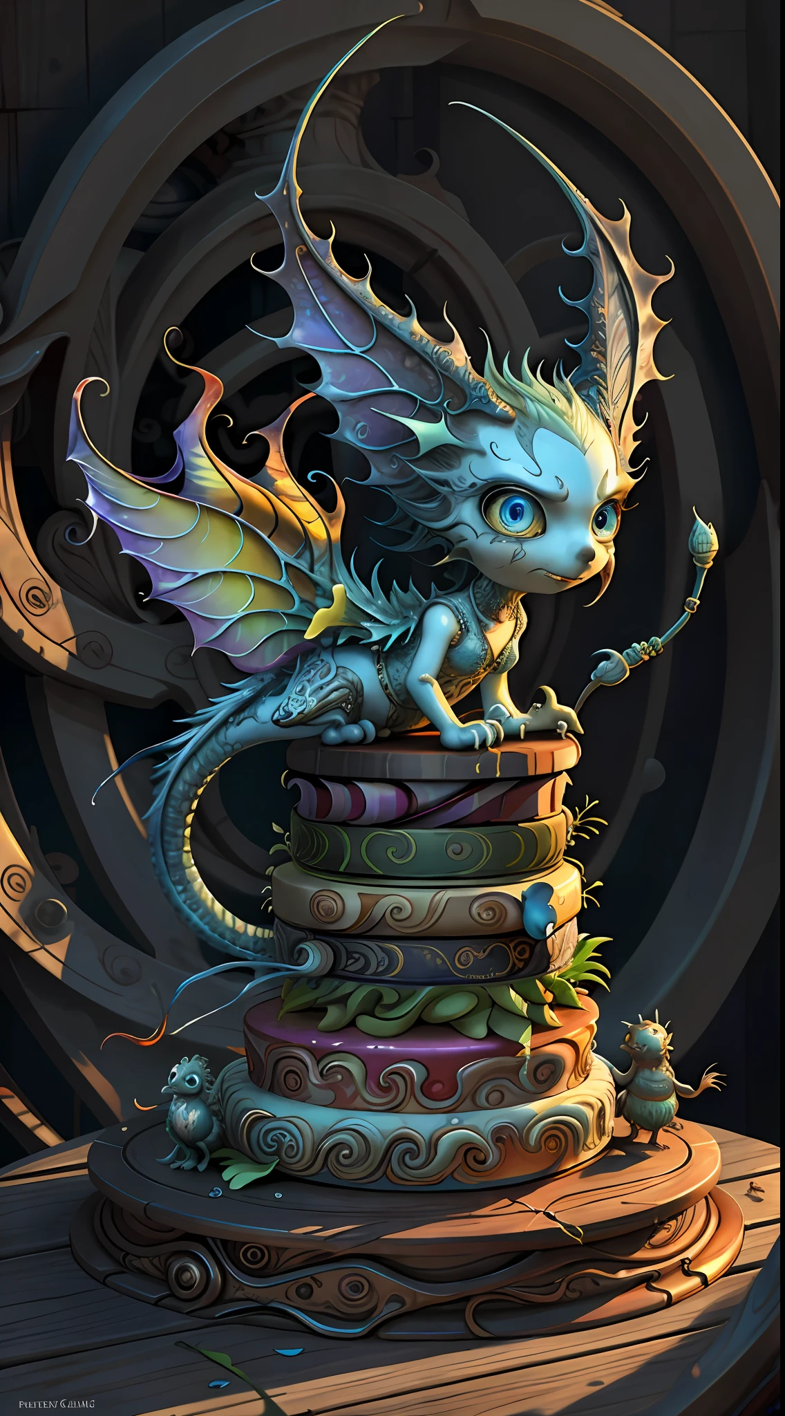 (best quality: 1.4), (masterpiece: 1.2), detailed, complex, high resolution, iridescent colors, A charming and fascinating creature with otherworldly forms that blend the best aspects of the monster human form and the innocent charm of a precocious , scales, wings, blue, texture, complex, gorgeous, 3D, highly detailed, decorative style, Tim Burton, Dale Chihuly, Bruce Zheng, Cyril Rolando, H. R. Giger $plastic$ Grid: Real Lenoid afremov style, wet, fire
