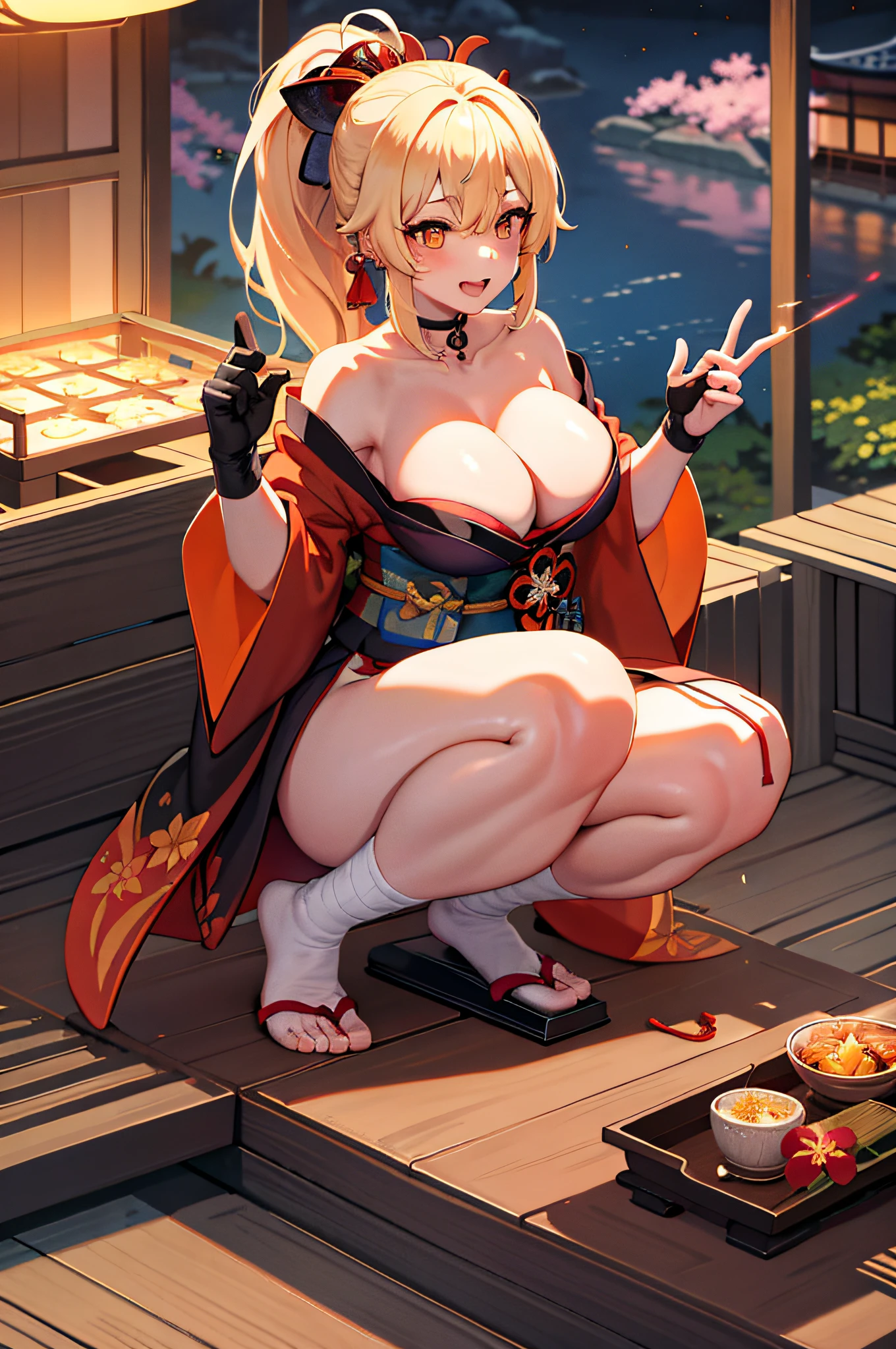 masterpiece, best quality, highres, 1girl, blonde hair, medium hair, asymmetrical hair, floating hair, hair between eyes, high ponytail, sidelocks, hair ornament, fish hair ornament, tassel, kanzashi, bangs, orange eyes, open mouth, smile, teeth, upper teeth only, choker, red choker, pendant choker, butterfly choker, collarbone, tattoo, ????? tattoo, flower tattoo, cleavage, ??????????????, thighs, bandages, bandaged leg, sarashi, budget sarashi, ????? sarashi, black sash, hadanugi dousa, houkisei, japanese clothes, kimono, kinchaku, obi, obiage, obijime, orange kimono, pouch, print kimono, rope, sash, shimenawa, short kimono, single ???? shoulder, vision (genshin impact), east asian architecture, cherry blossoms, full body, squatting, sparkler, night, firework, holding firework, legs together, feet, single glove, single fingerless glove, wristband, black socks,