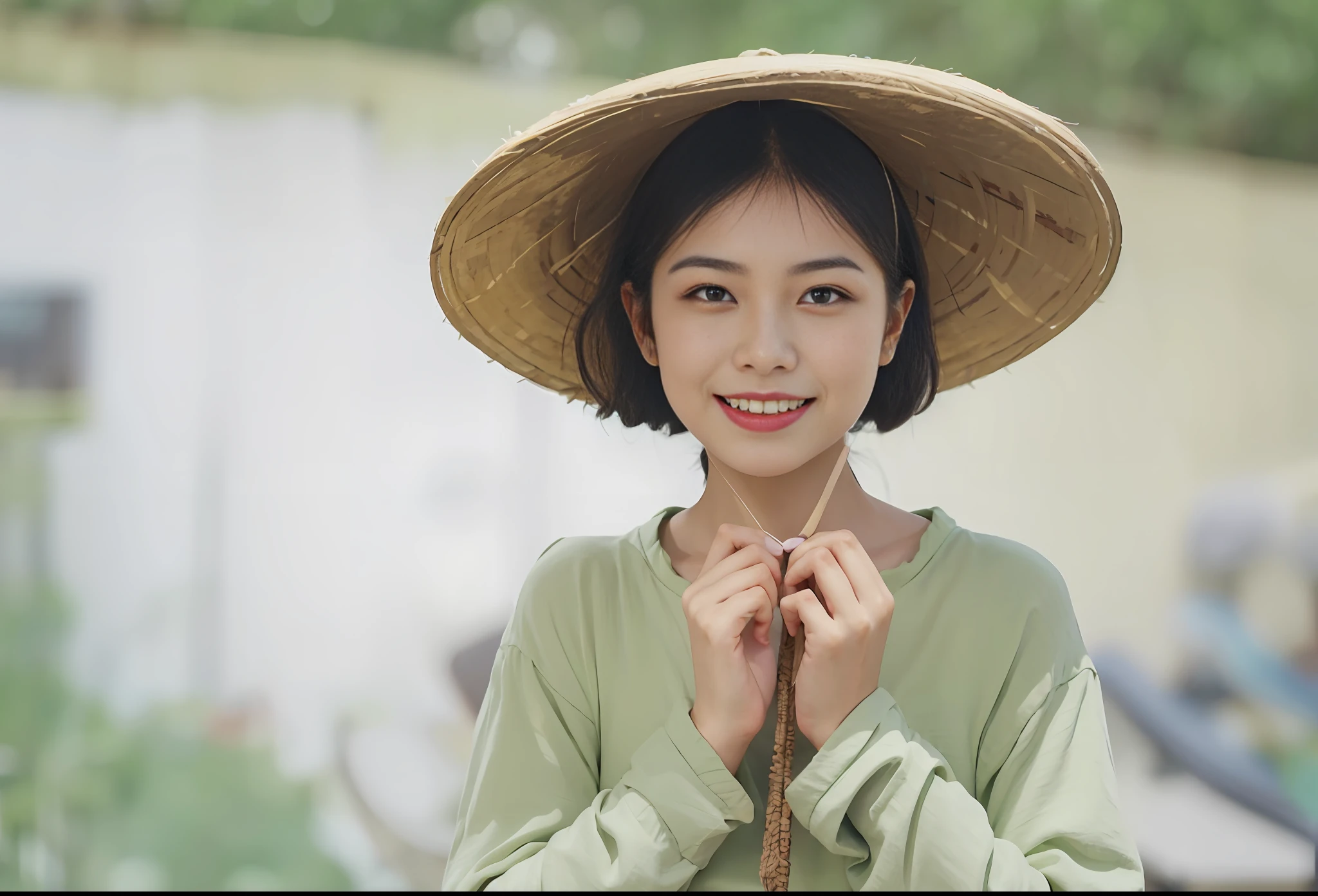 arafed woman wearing a hat and smiling for the camera, south east asian with round face, vietnamese woman, a young asian woman, an asian woman, chinese woman, 7 0 mm portrait, chinese girl, wearing straw hat, traditional beauty, gorgeous lady, young asian girl, asian girl, asian woman, pointy conical hat, young asian woman