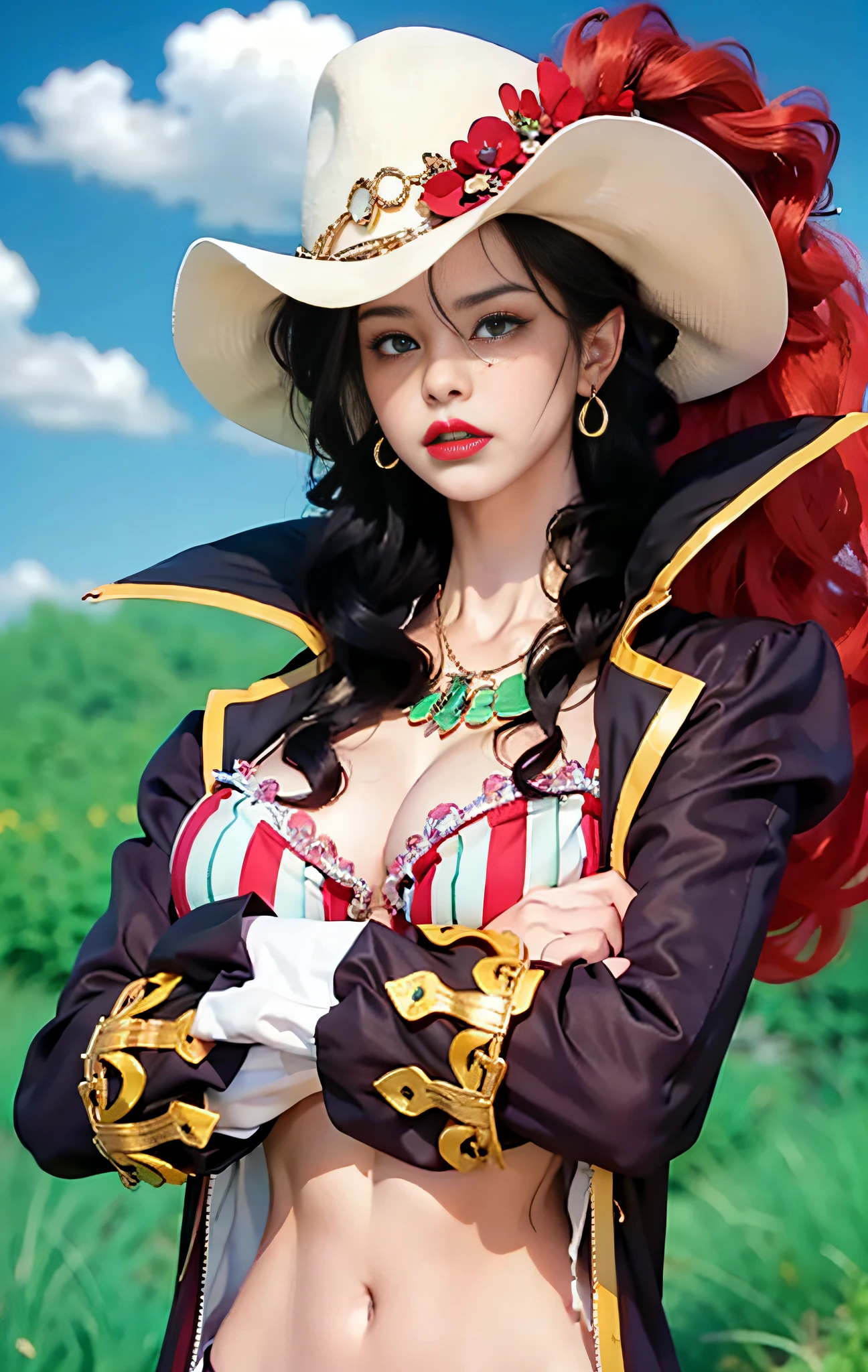 (female:1.2) (bodybuilder:0.8), hyper realistic, masterpiece, photorealistic, real skin, detailed face, detailed skin, detailed lighting, 1girl, necklace, earrings, extra large breasts, cleavage, midriff, navel, long hair, curly hair, black hair, red lips, (green eyes), angry face, red nails