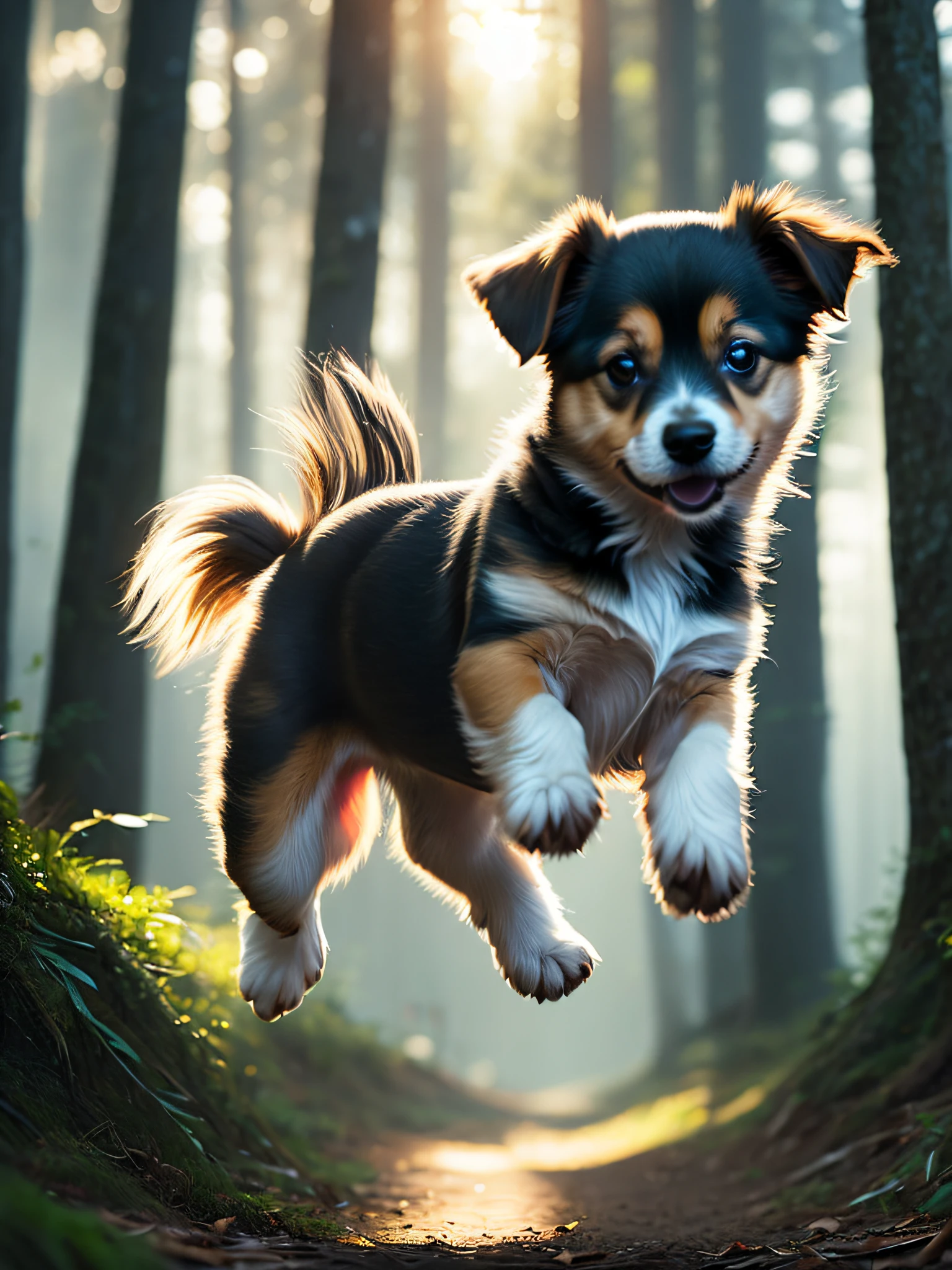 close up photo of a very cute jumping puppy in the forest, soft volumetric lights, (backlit:1.3), (cinematic:1.2), intricate details, (ArtStation:1.3), Rutkowski