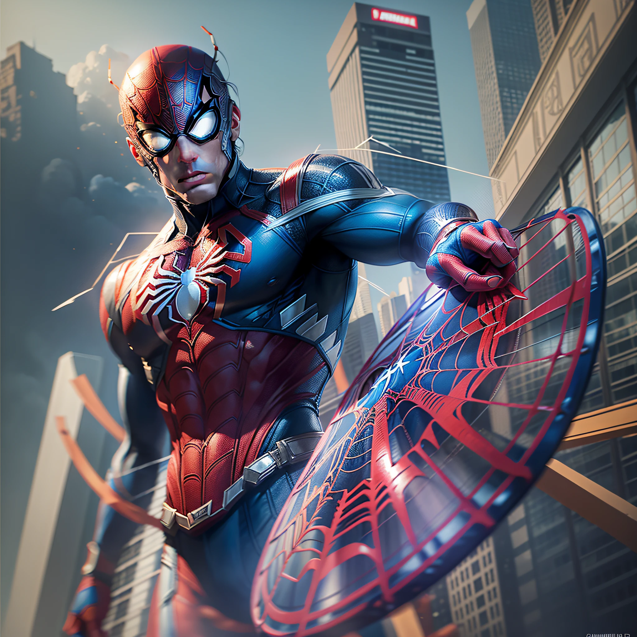 Combine Spider-Man's iconic red and blue suits with Captain America's star-studded costume, creating a new heroic fusion that embodies the best of both worlds. Retain Spider-Man's acrobatic style and Captain America's superhuman strength, resulting in an agile, courageous and patriotic hero. Be sure to add striking details like a modified version of Captain America's shield with a spider web design. Amaze us with this epic combination of skills and stunning visuals!"