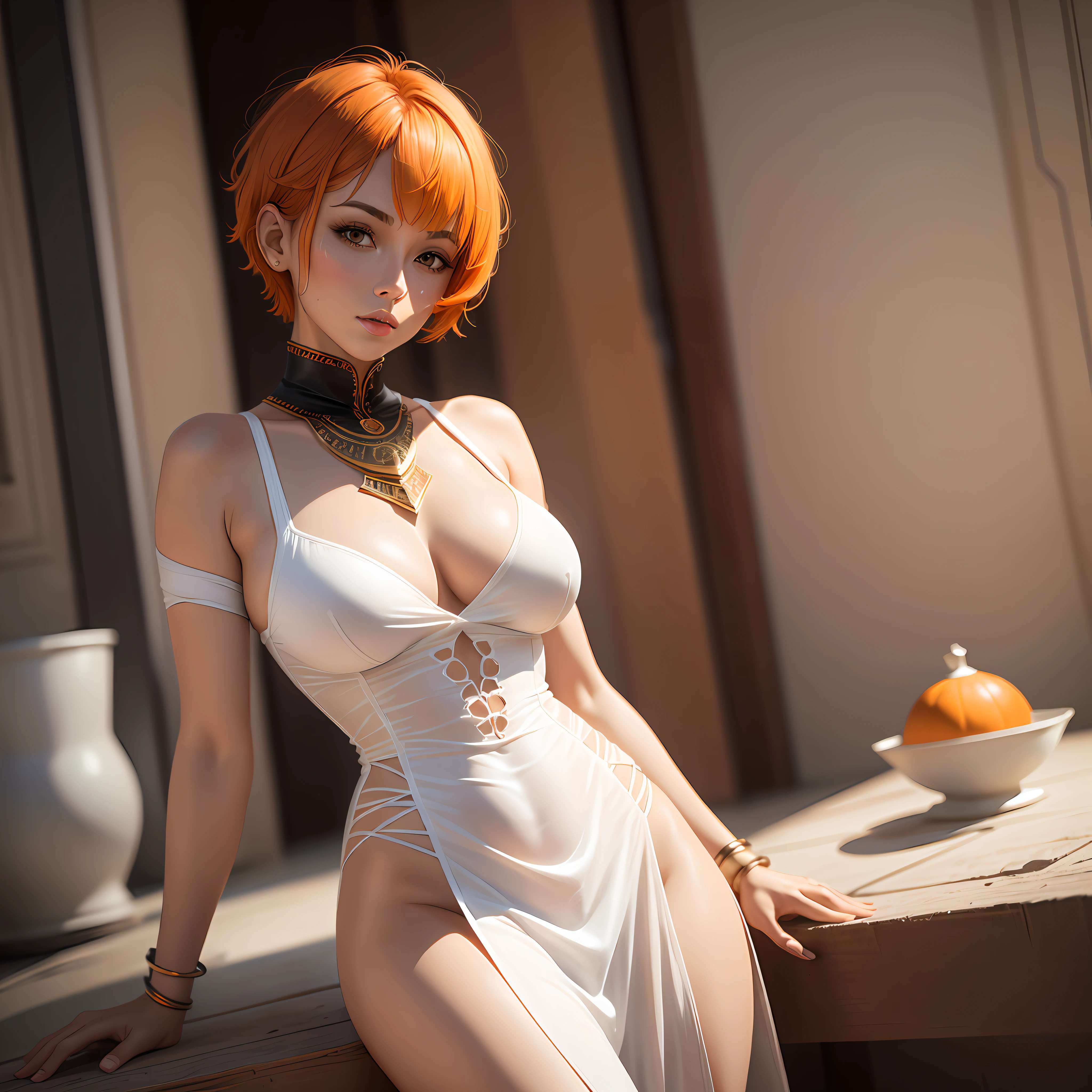 A woman, sexy, white skin, short hair, orange hair, mummy dress