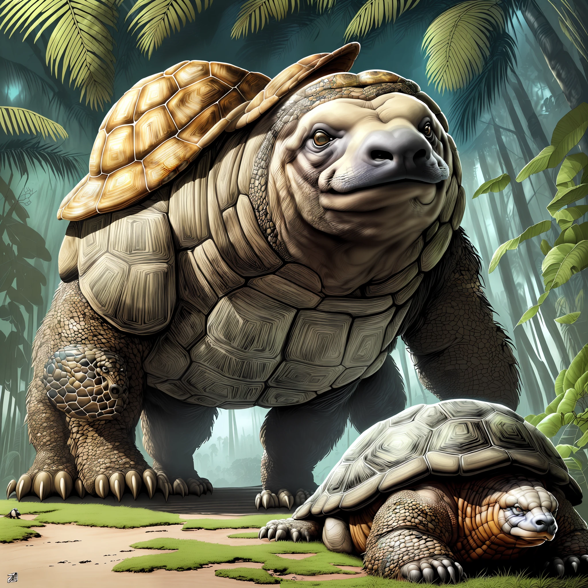 (Subject: a realistic mutant hybrid animal resembling a sloth with Giant Tortoise, Manatee, and Snail features, wearing baseball hat made of tortoise shell, rare mythical creature, divine ruler of time), (Style, hyperrealism hand drawn art style of Gerardo Zaffino ink comic, hyper realistic drawing, slow, timeless)