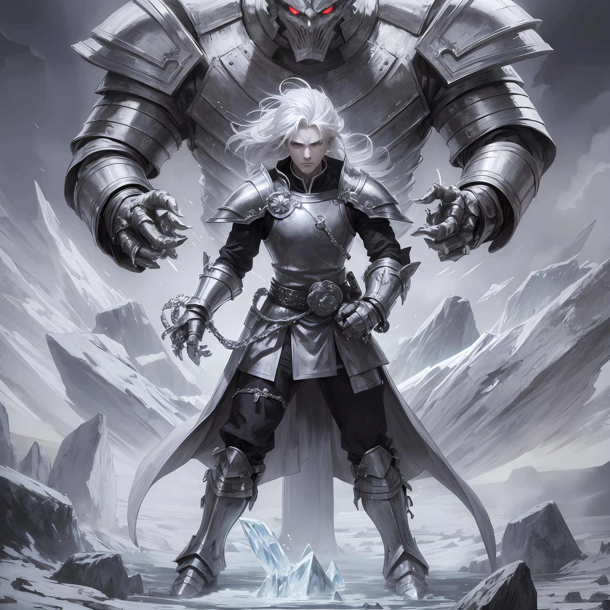 Anime, medium white hair, male, sad face, arms crossed, wearing a paw, gauntlet sword, black clothes, saddened, furious, arms outstretched, holding a gauntlet sword paw, cold, ice powers, frozen place, next to a giant made of ice, ice monster