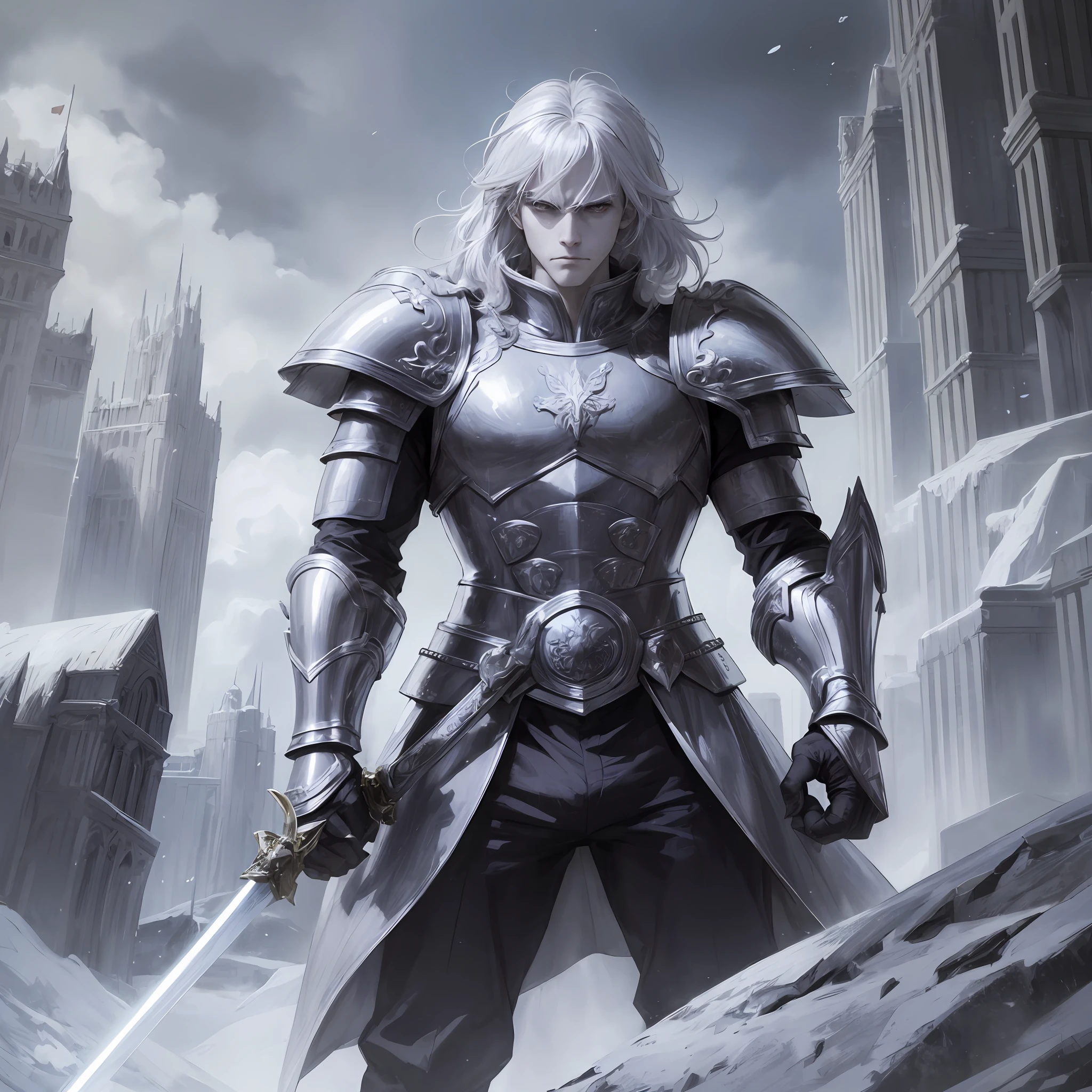 Anime, medium white hair, male, sad face, arms crossed, wearing a paw, gauntlet sword, black clothes, saddened, furious, arms outstretched, holding a gauntlet sword paw, cold, ice powers, frozen place, next to a giant made of ice, ice monster