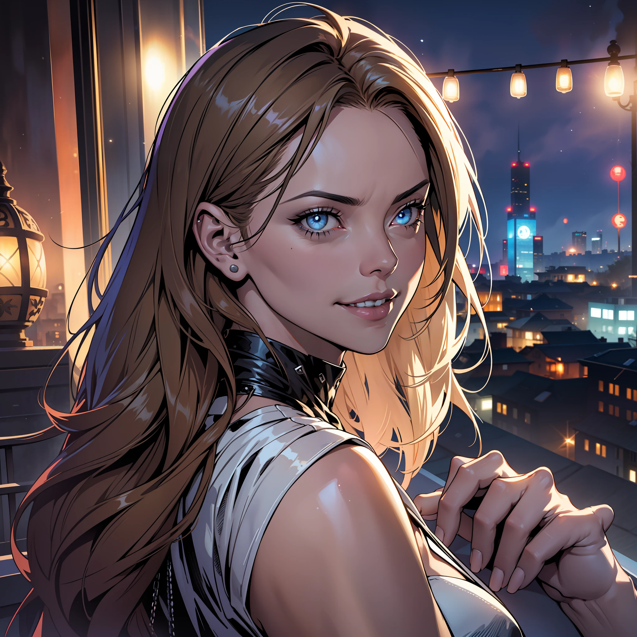 (extremely detailed 8k wallpaper), dark theme, Vampire the Masquerade, modern horror, 2020s, very beautiful woman, wearing expensive clothes of medical company president, sharp focus, (subsuperficial scattering:1.1), award-winning photography, centered face, ((Charlize Theron's face)), half-body photo:1.1, long light brown hair, blue eyes:1.2, big smile, on the balcony of a luxury apartment overlooking the beach at night, dramatic lighting