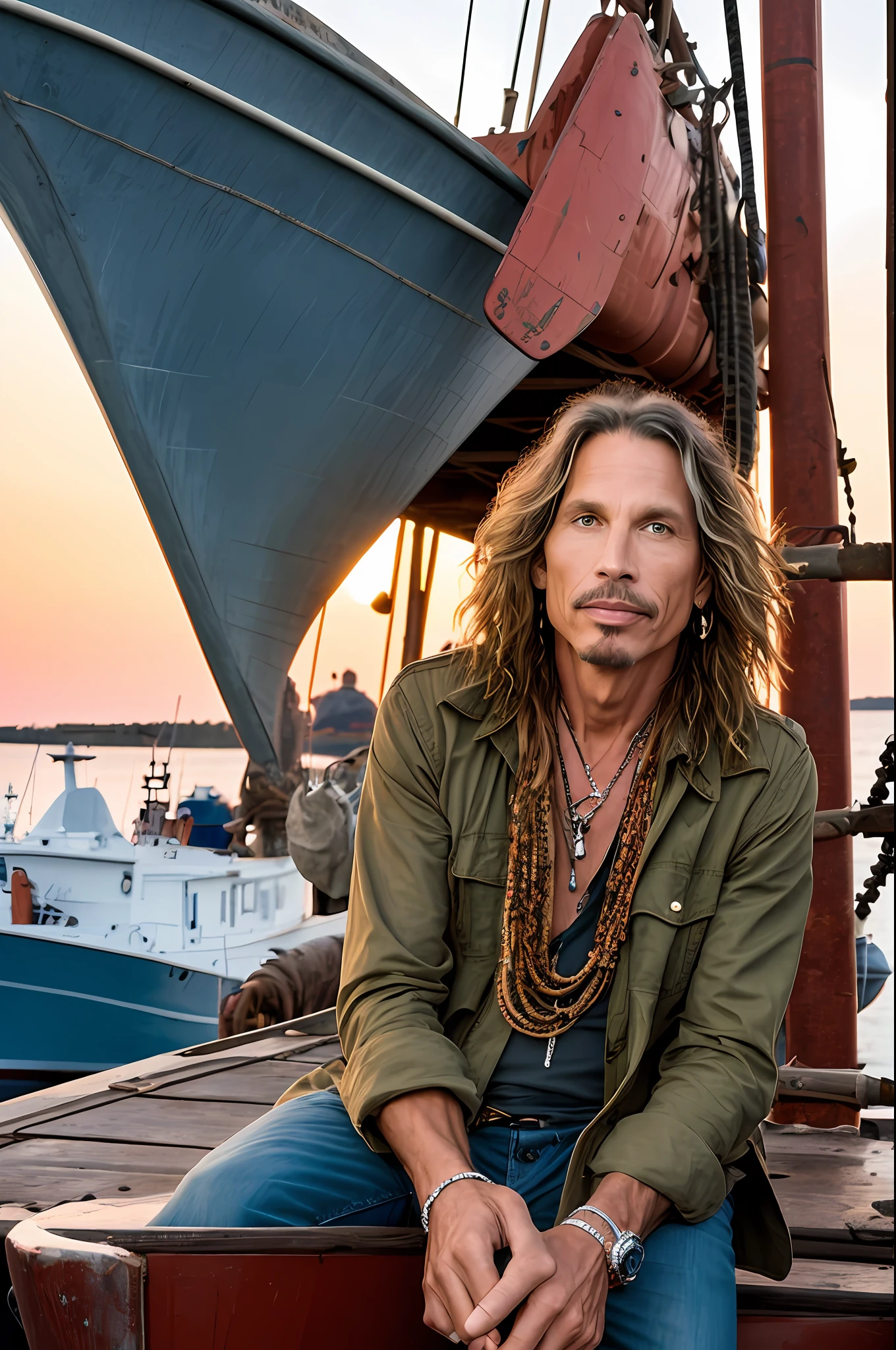 Steven tyler young in a shipyard sitting on a fishing boat at sunset