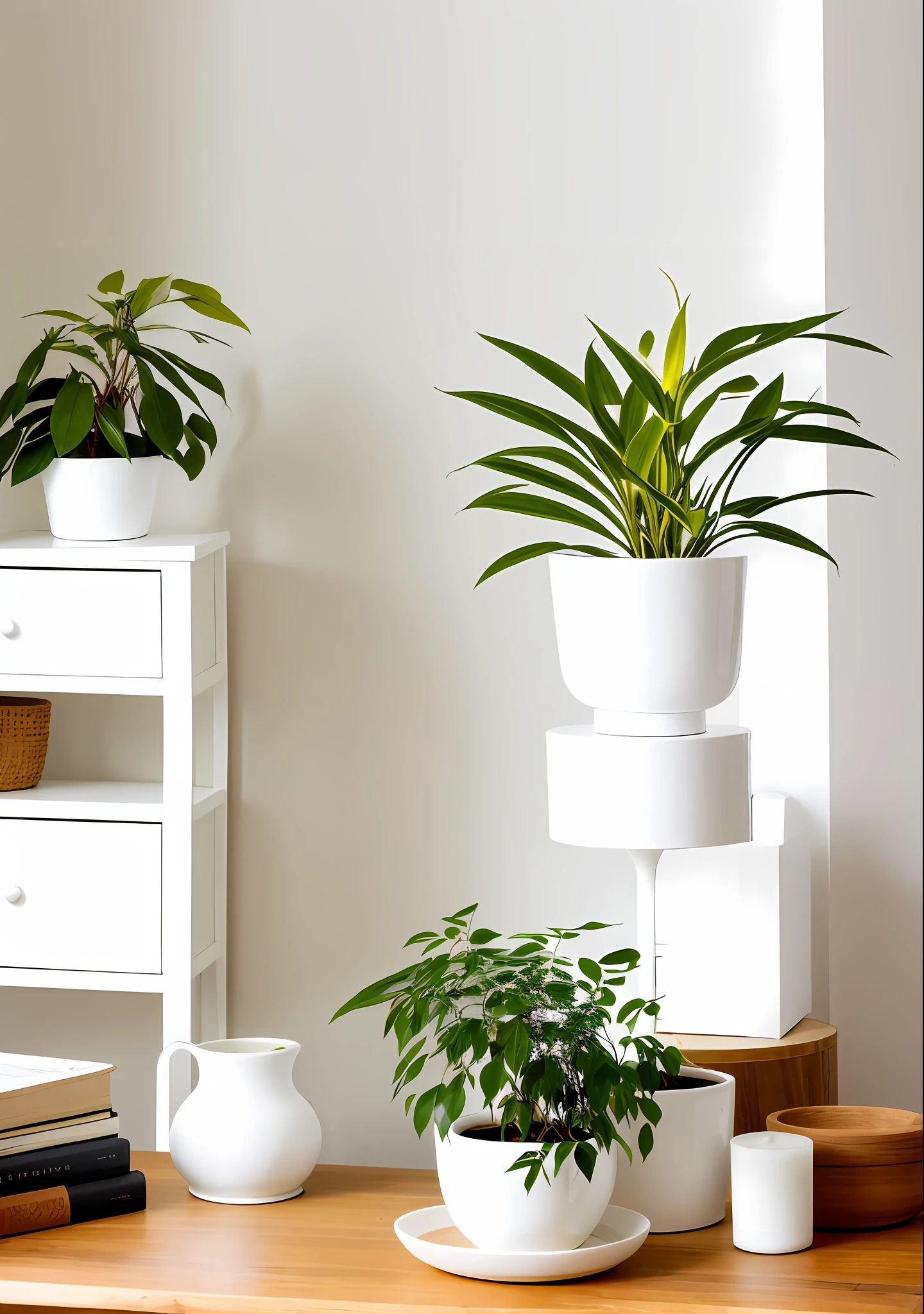 Aromatic candle, white background, white plant pot, on top of the living room table