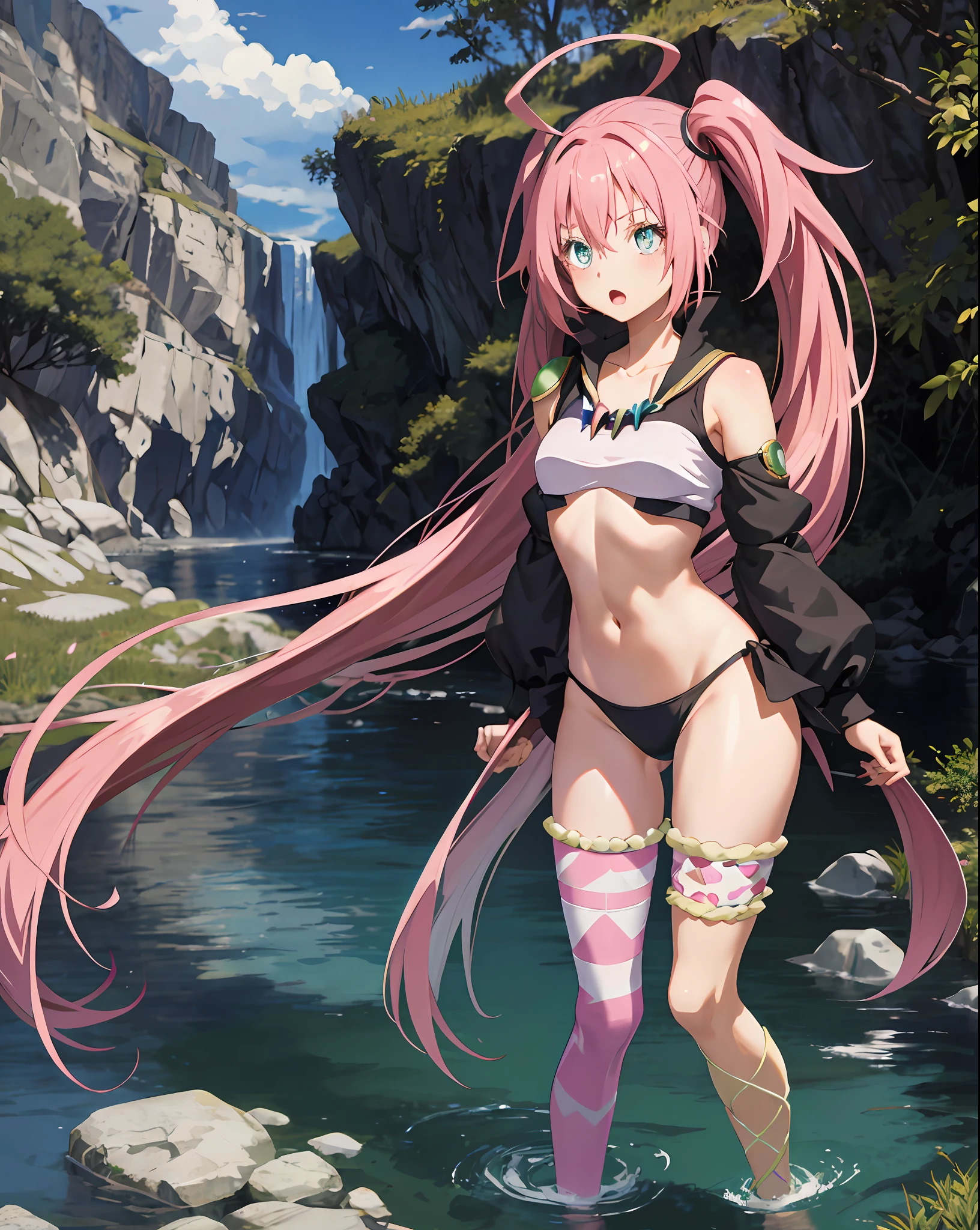 Masterpiece, best quality, 1 girl, Hinata Katsura, pink hair, green eyes, very long hair, straight hair, hair between the eyes, hair accessories, black bikini with collarbone, vest line fair skin, long legs and large chest, wearing black over-the-knee socks, blushing, soaked all over, mouth open