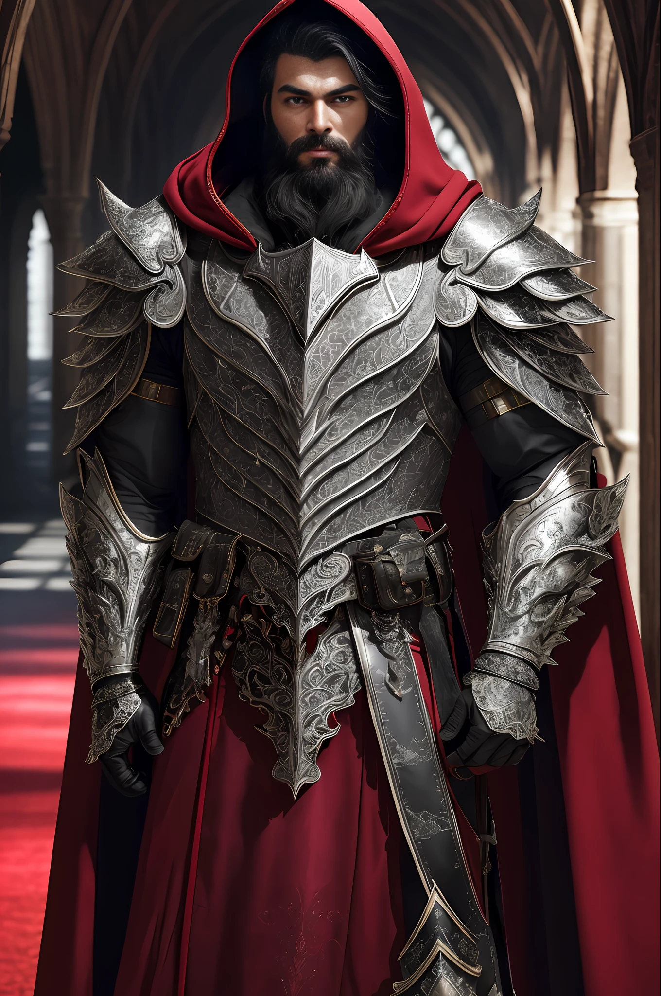 extremely detailed 8k wallpaper), intricate, highly detailed, dramatic, The Dragon Lord wears highly detailed black steel shoulder pads that look like dragon heads and are adorned with shimmering silver trimmings and ornaments, an overlying gray cloak with an extremely beautifully detailed large hood that goes deep drawn into the young bearded face, extremely detailed gray feathered wings with translucent velvety red membranes, insanely realistic graphics, insanely detailed details, ultra realistic and highly detailed heavy black steel armor with lustrous silver glitter detailing on a silver gray tunic, extremely detailed heavy black armor Steel gloves, steel boots with reinforced shiny silver decorations, in a vaulted hall during the leisurely stroll through the somber cathedral on a red velvet carpet, (shown perspective from above) during the passage of a sombre, multi-windowed vaulted passageway through the gleaming light falls,