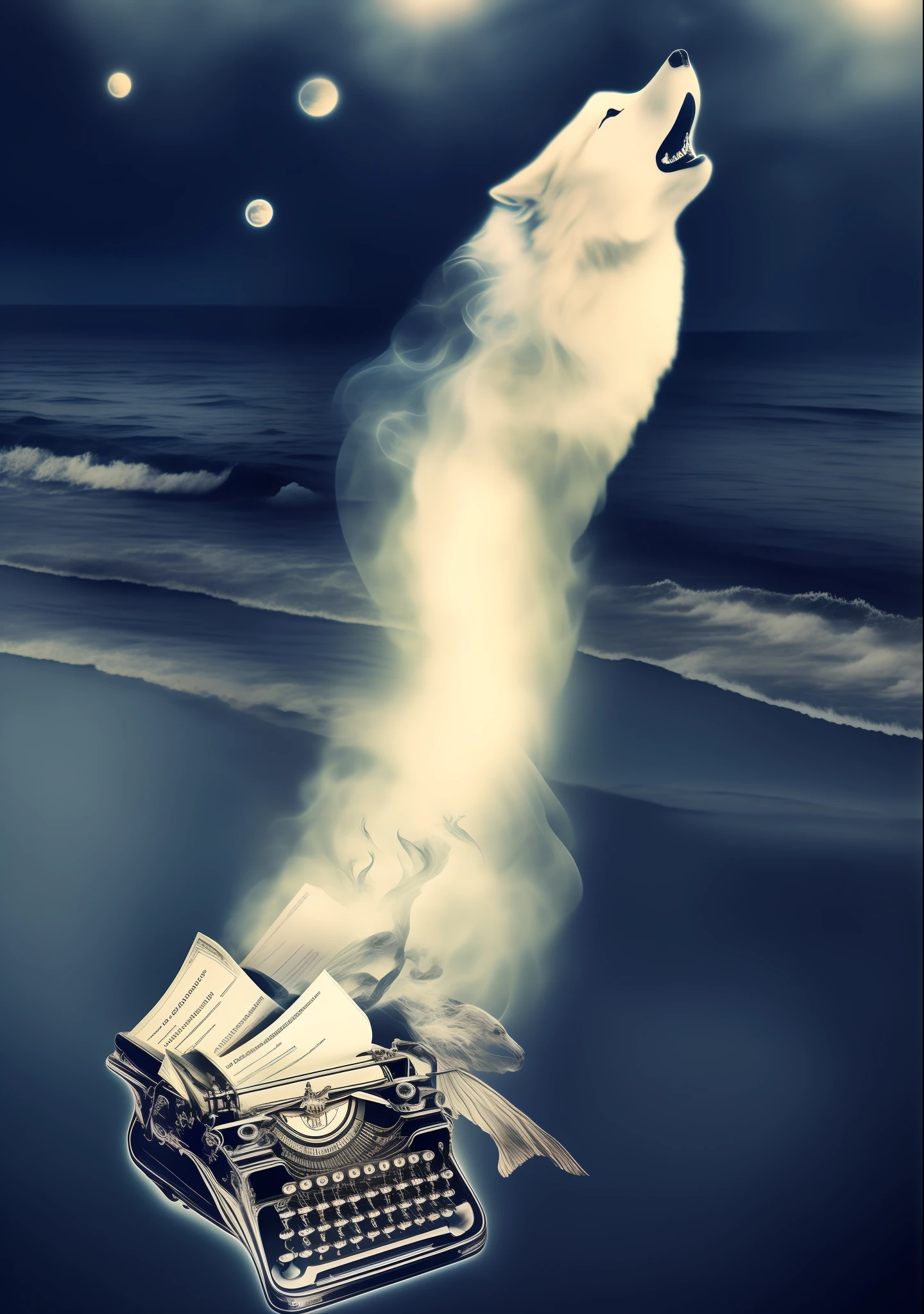 there is a wolf that is standing on a typewriter, surreal scene, beach surreal photography, photomanipulation, surreal photo, ghostly smoke, enhanced photo, surreal dreamy poetic, ghost of the fire spirit, surreal illustration, surreal composition, magical and mystical, photoshop water art, astral projection, surreal glimpse, surreal mystical atmosphere, water art photoshop, surreal, surreal collage --auto --s2