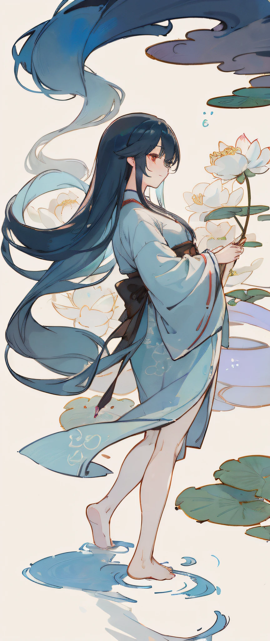 ((4K, Masterpiece, Top Quality)), Shuimobysim, Traditional Chinese Ink Painting, Lotus, Hanfu, Maxikit, Conservative Dress 1girl, solo, long blue hair, smile, standing, feet in the water, bare feet,
