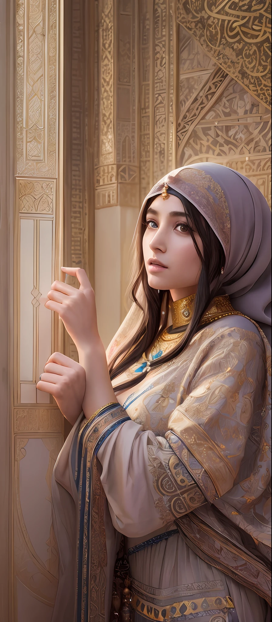 modelshoot style, (extremely detailed CG unity 8k wallpaper), full shot body photo of the most beautiful artwork in the world, (arabic princess:1.4), delicate silk clothes, arabian silk Hijab, magic, an arabic village with persian details in the background, hdr, photorealistic painting by Ed Blinkey, Atey Ghailan, Studio Ghibli, by Jeremy Mann, Greg Manchess, Antonio Moro, trending on ArtStation, trending on CGSociety, Intricate, High Detail, Sharp focus, dramatic, photorealistic painting art by midjourney and greg rutkowski