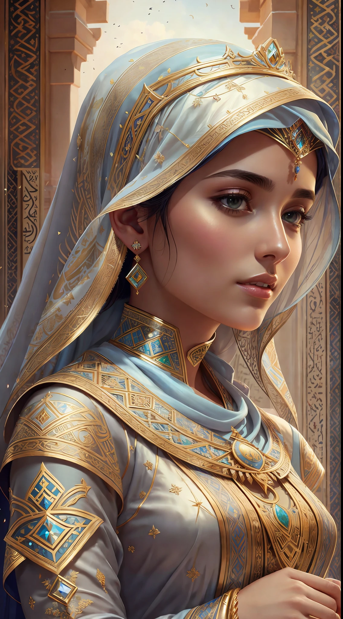modelshoot style, (extremely detailed CG unity 8k wallpaper), full shot body photo of the most beautiful artwork in the world, (arabic princess:1.4), delicate silk clothes, arabian silk Hijab, magic, an arabic village with persian details in the background, hdr, photorealistic painting by Ed Blinkey, Atey Ghailan, Studio Ghibli, by Jeremy Mann, Greg Manchess, Antonio Moro, trending on ArtStation, trending on CGSociety, Intricate, High Detail, Sharp focus, dramatic, photorealistic painting art by midjourney and greg rutkowski
