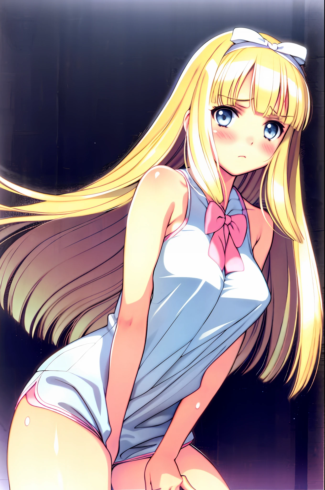 tony taka, 1girl, artist name, bangs, bare shoulders, blush, bottle, bow, breasts, day, hair accessory, holding, looking at the audience, big breasts, page numbers, blonde hair, blue eyes, long hair, sexy pajamas, no panties, sweat, sweat beads, masturbation stick, high quality