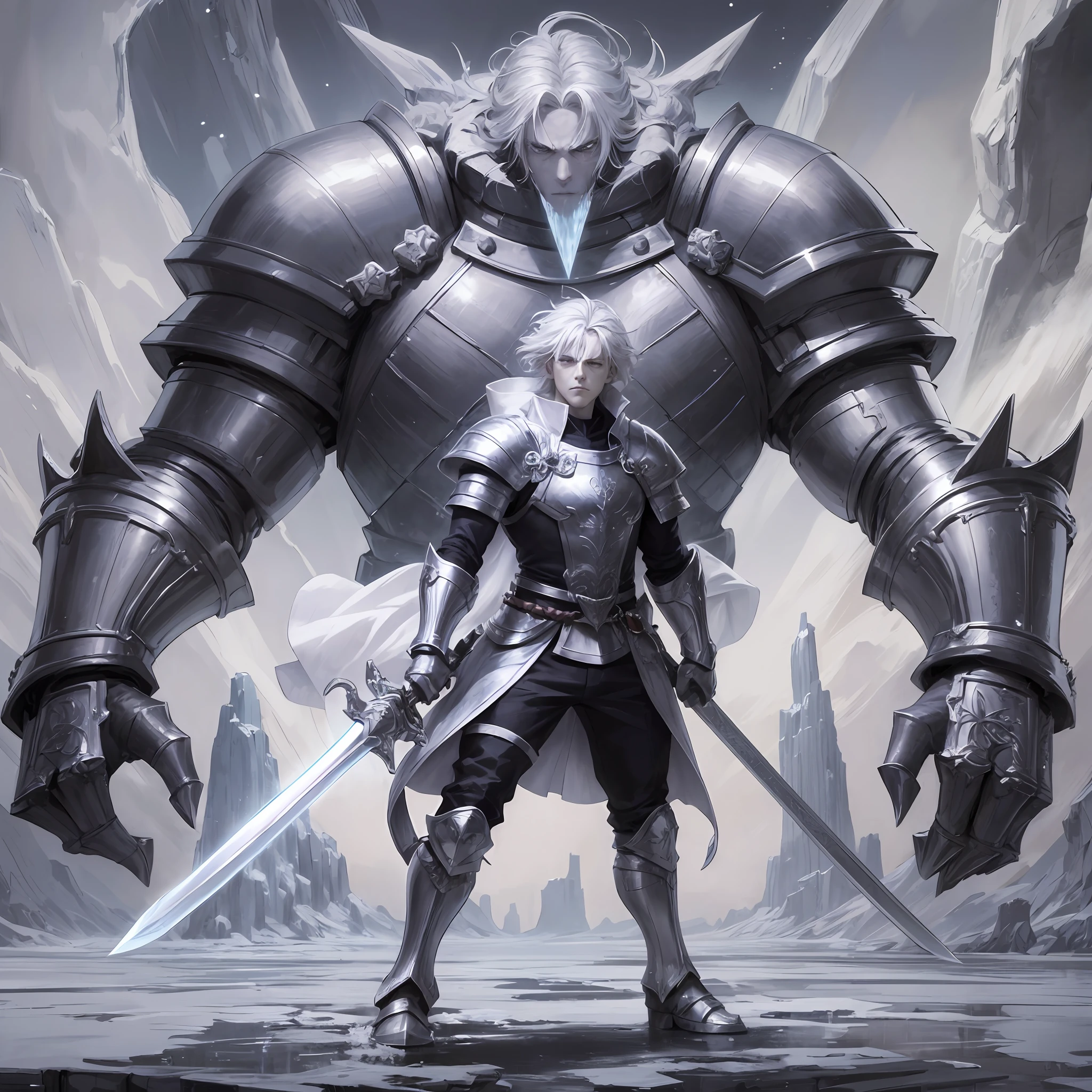 Anime, medium white hair, male, sad face, arms crossed, wearing a paw, gauntlet sword, black clothes, saddened, furious, arms outstretched, holding a paw gauntlet sword, cold, ice powers, frozen place, next to a giant made of ice, ice monster, ice giant