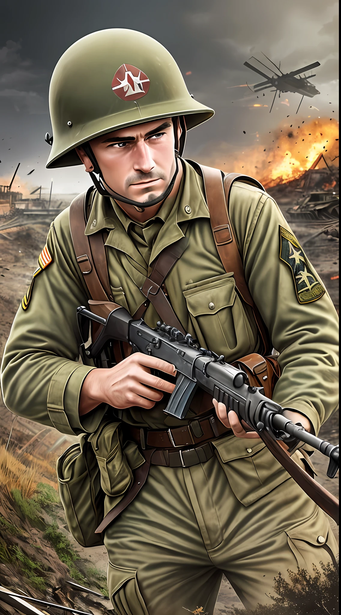 A World War II soldier bravely advances into battle, wielding a Lee-Enfield rifle, amid a war-torn landscape, highlighted by the expression of determination on his face and the tension in the environment, Illustration, digital art --auto --s2