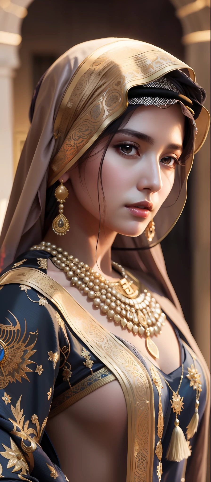 modelshoot style, (extremely detailed CG unity 8k wallpaper), full shot body photo of the most beautiful artwork in the world, (arabic princess:1.4), delicate silk clothes, arabian silk Hijab, magic, an arabic village with persian details in the background, hdr, photorealistic painting by Ed Blinkey, Atey Ghailan, Studio Ghibli, by Jeremy Mann, Greg Manchess, Antonio Moro, trending on ArtStation, trending on CGSociety, Intricate, High Detail, Sharp focus, dramatic, photorealistic painting art by midjourney and greg rutkowski