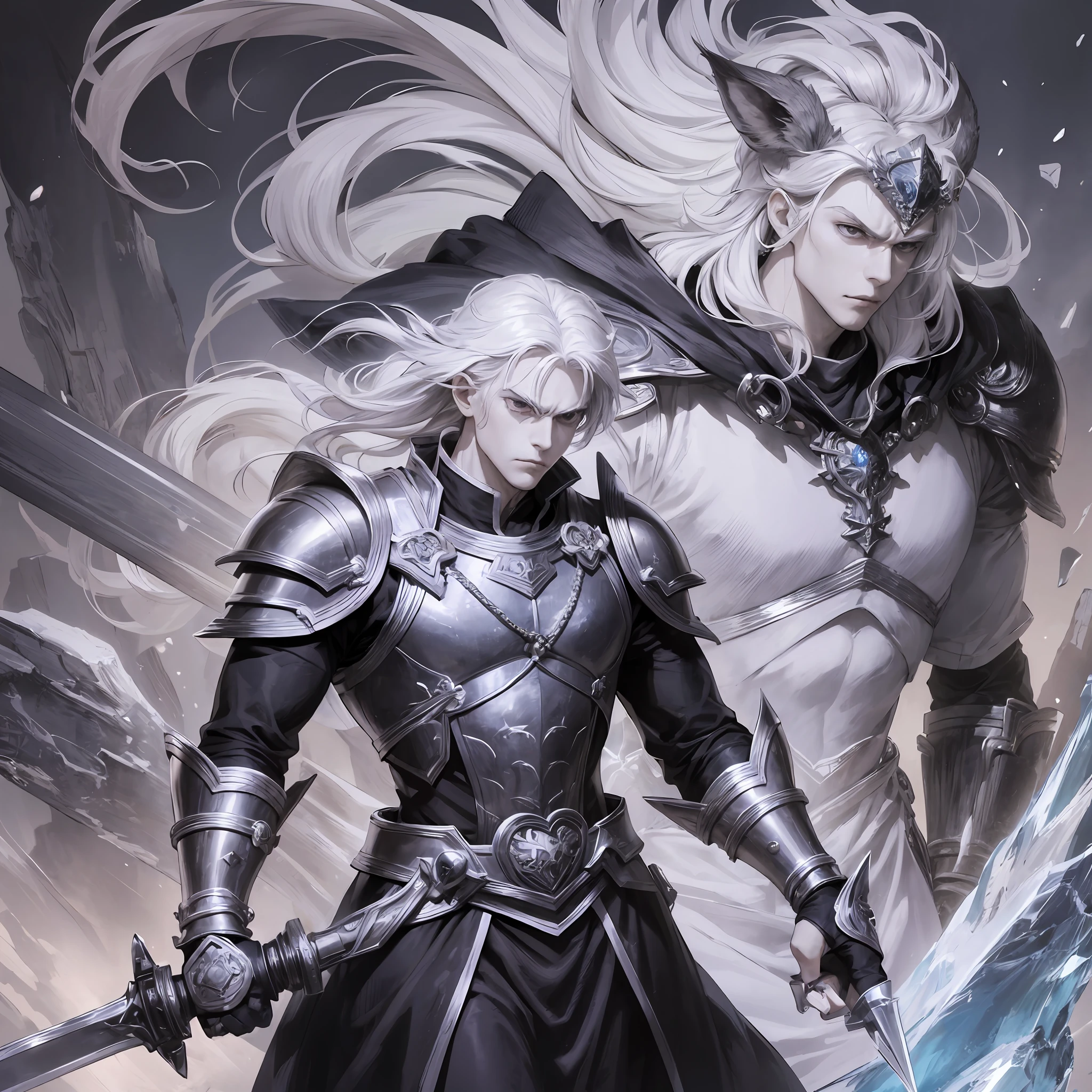 Anime, medium white hair, male, sad face, arms crossed, wearing a paw, gauntlet sword, black clothes, saddened, furious, arms outstretched, holding a paw gauntlet sword, cold, ice powers, frozen place, next to a giant made of ice, ice monster, ice giant