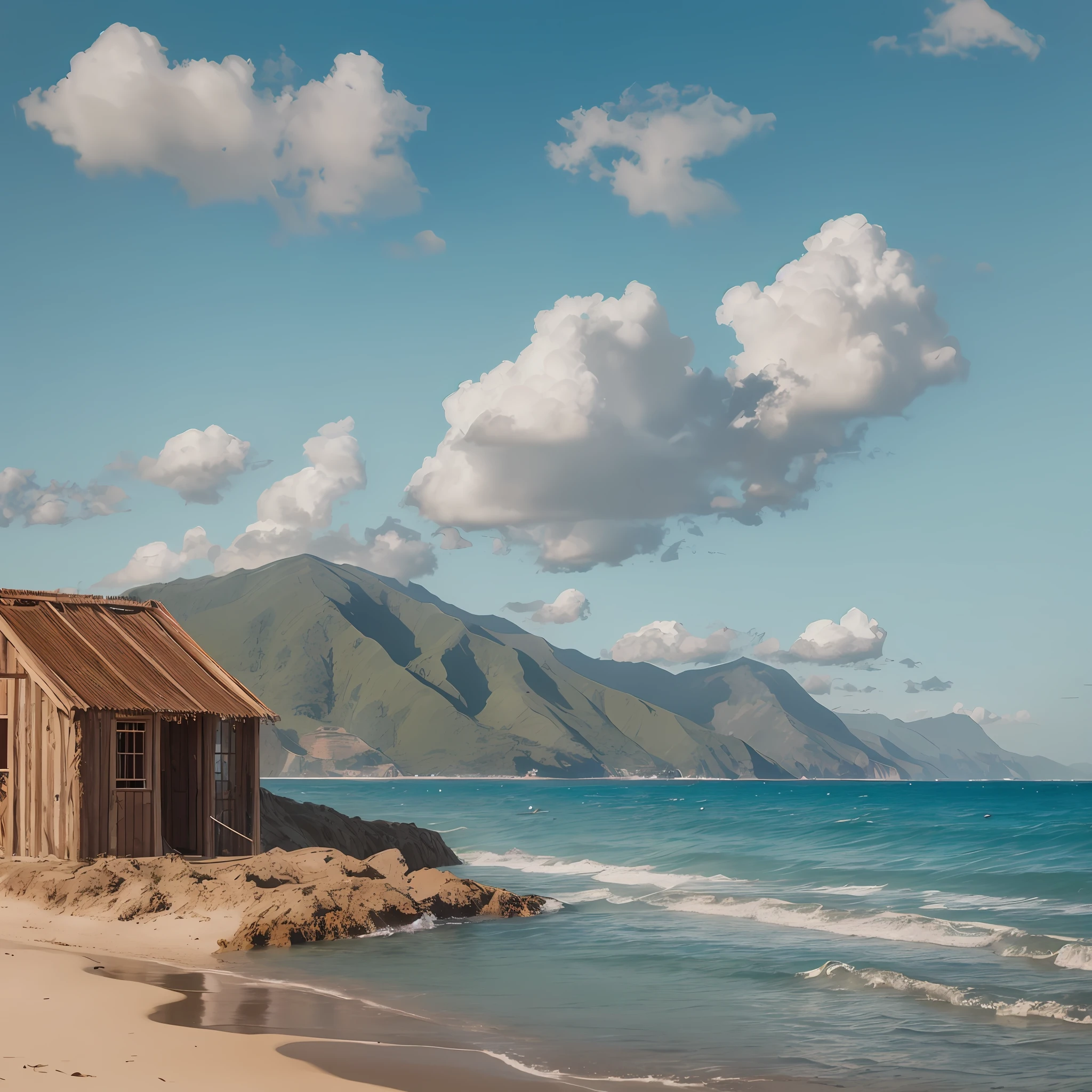 Beach landscape, a hut half-destroyed by erosion, in the background the turquoise blue sea, a distant sailing boat, on the horizon mountains and voluminous clouds in the sky, oil painting