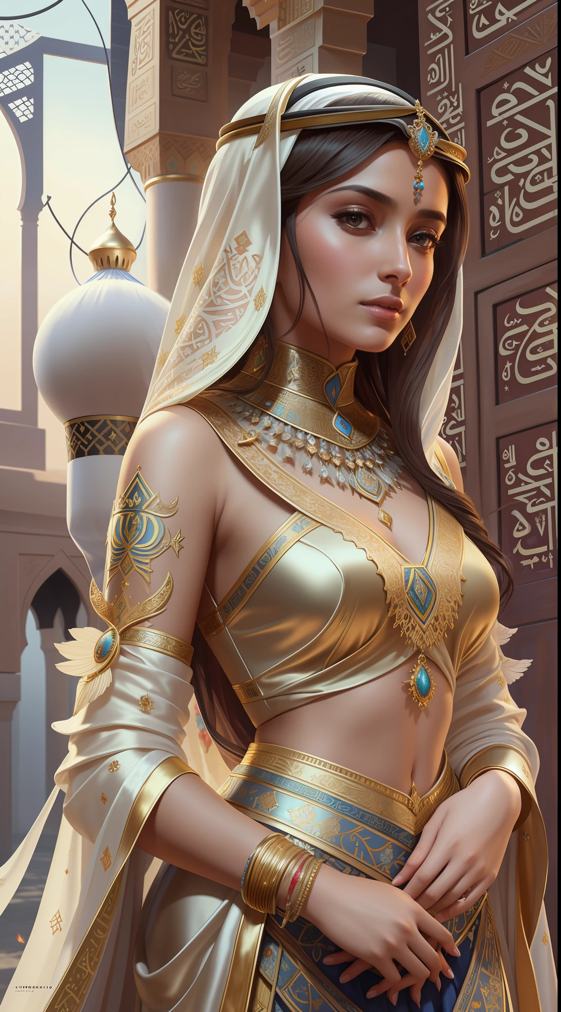 modelshoot style, (extremely detailed CG unity 8k wallpaper), full shot body photo of the most beautiful artwork in the world, (arabic princess:1.4), delicate silk clothes, arabian silk Hijab, magic, an arabic village with persian details in the background, hdr, photorealistic painting by Ed Blinkey, Atey Ghailan, Studio Ghibli, by Jeremy Mann, Greg Manchess, Antonio Moro, trending on ArtStation, trending on CGSociety, Intricate, High Detail, Sharp focus, dramatic, photorealistic painting art by midjourney and greg rutkowski