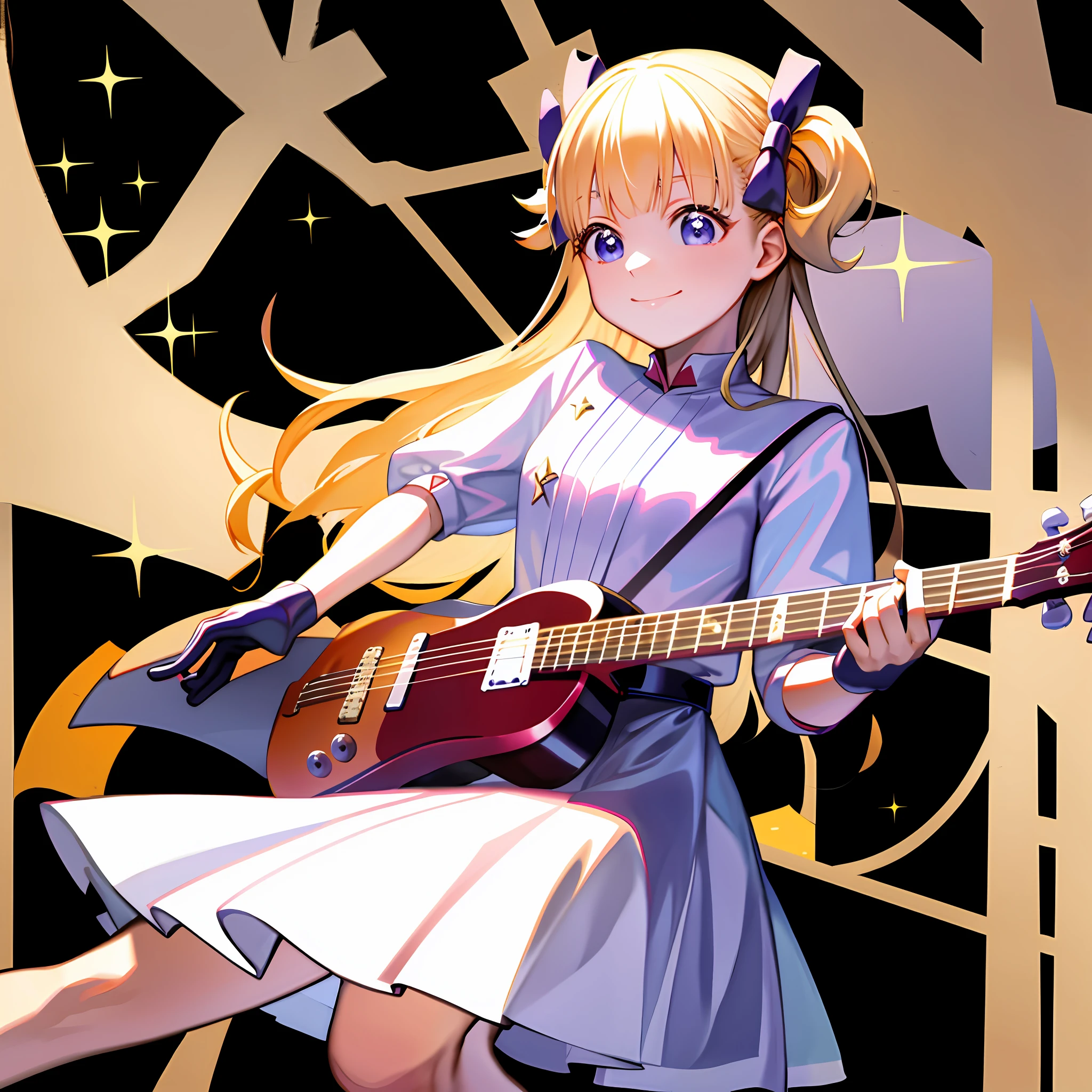masterpiece, best quality, 1girl, (stage),guitar,chair,sparkle,shiny skin, absurdres,artbook,Hoshino Ai,Hoshino Ai's style, hair ornament, pink gloves,smile, long hair,