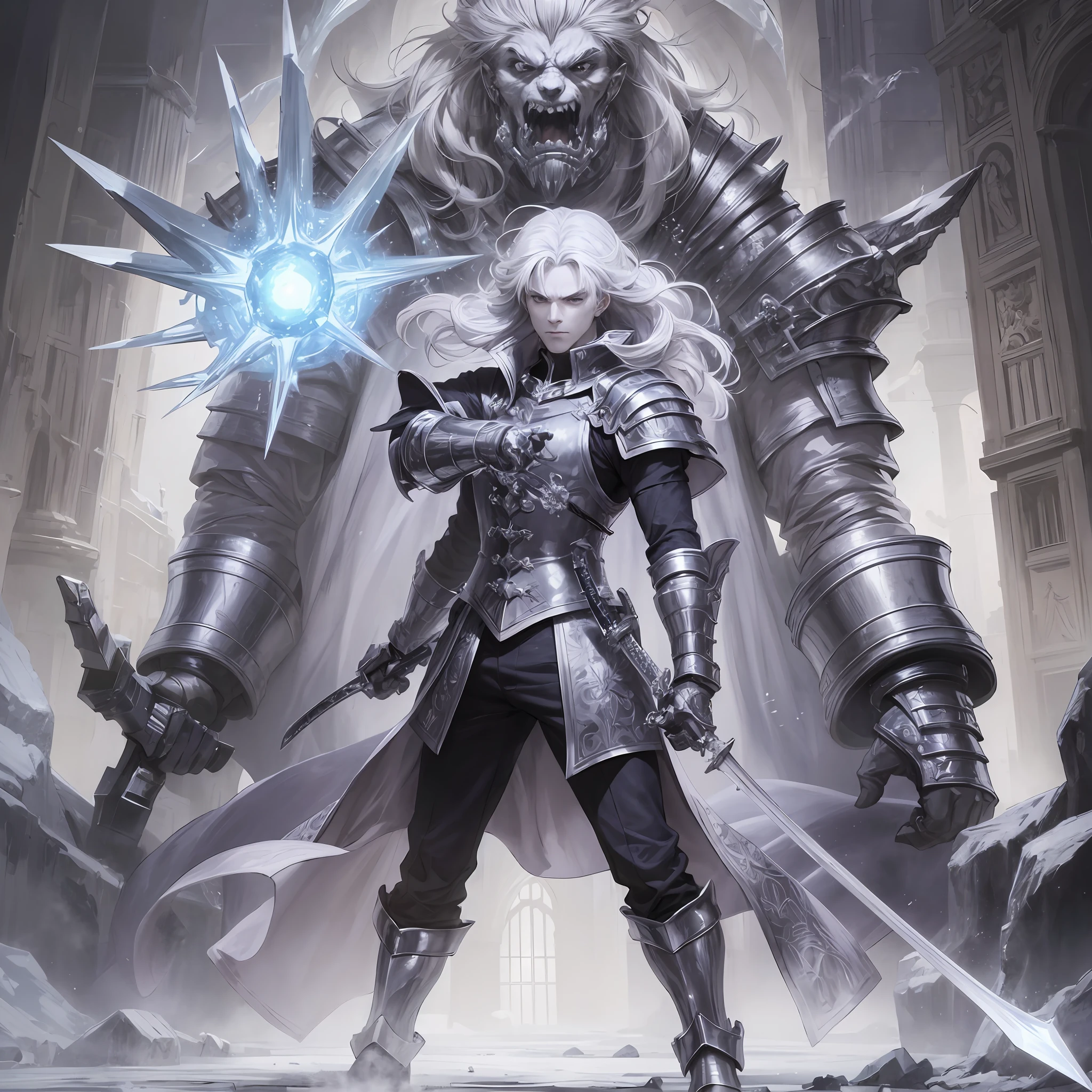 Anime, medium white hair, male, sad face, arms crossed, wearing a paw, gauntlet sword, black clothes, saddened, furious, arms outstretched, holding a paw gauntlet sword, cold, ice powers, frozen place, next to a giant made of ice, ice, ice giant