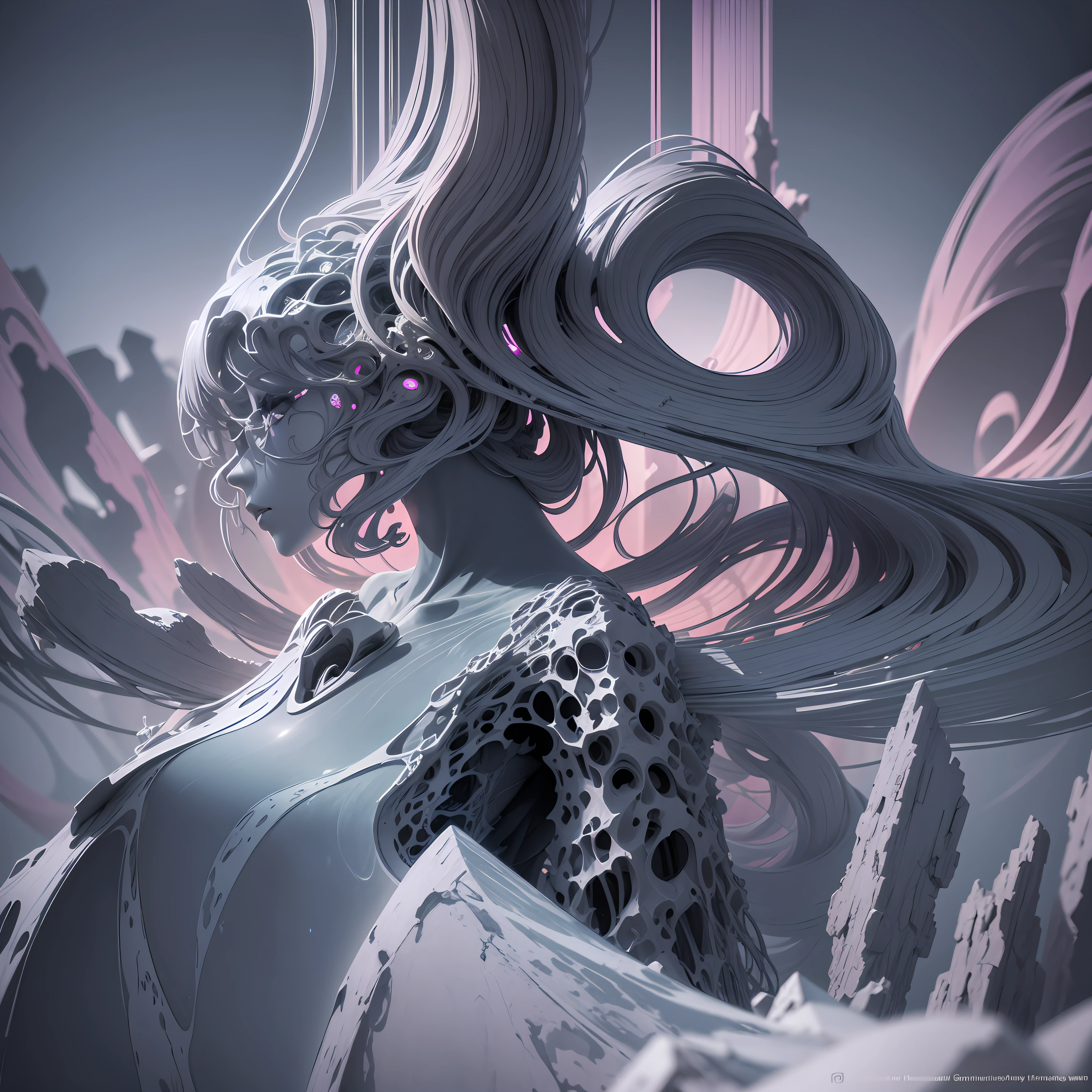 emission of visual spectral radio wave signals fused with structure of organic form, subsonic spectrum, gray clay cluster, Fibonacci fractal, geometric design, [m: immersed and trapped between strangled incisions very beautiful statue of woman's body, extremely long floating straight hair with bangs: 0.33], marble purgatory, agitated atmosphere, redshift aesthetic render --auto --s2