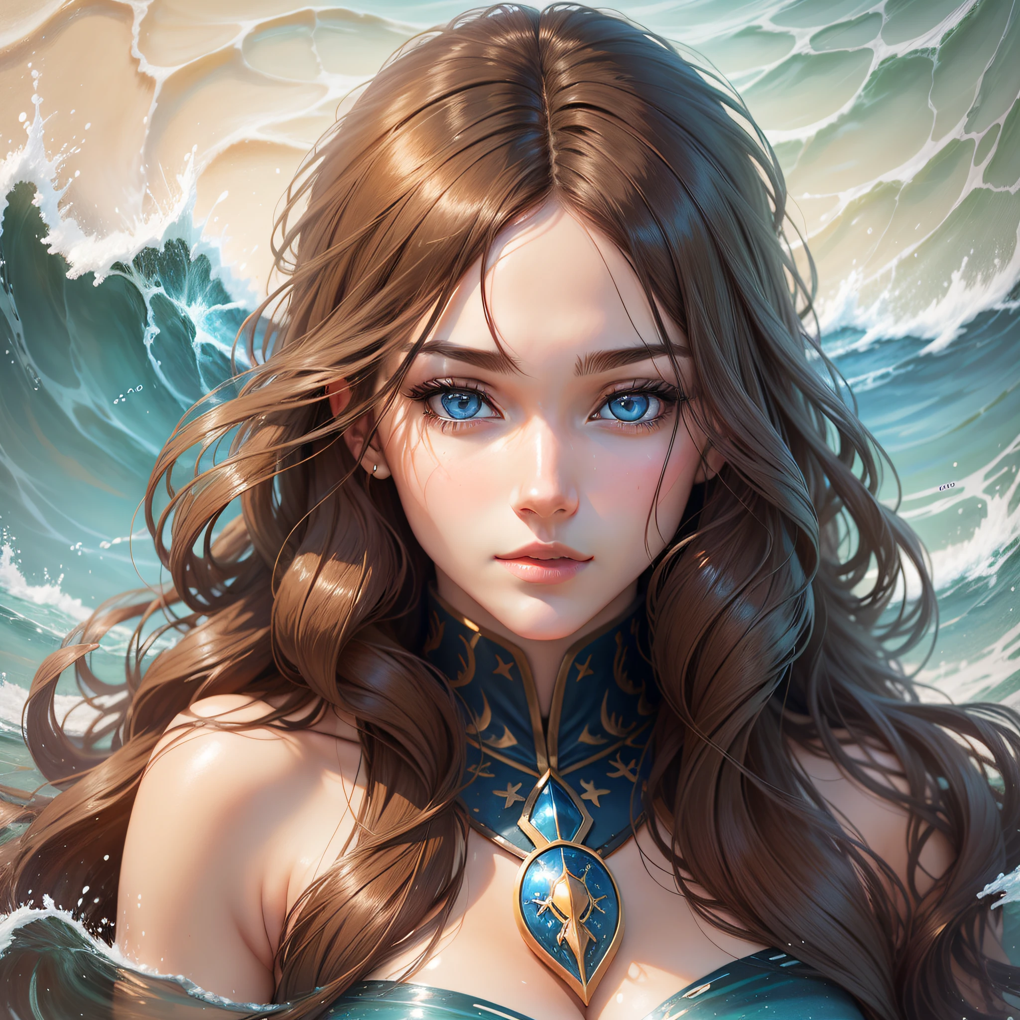Create a woman with long brown hair, blue eyes and fair skin, realistic drawing style, put elements like water, sea, waves, focus on the face