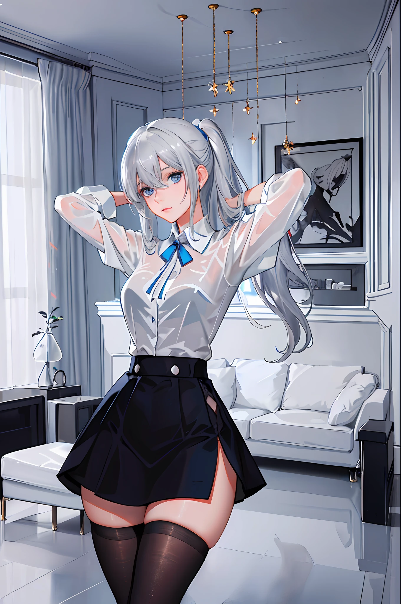 (((1 girl)),ray tracing,(dim lighting),[detailed background (living room)),((silver hair)),(silver hair)),((Fluffy silver hair, plump and slender girl)) with high ponytail))) Avoid golden eyes in the ominous living room ((((Girl wears white opaque shirt, black wrinkled skirt with black transparent stockings), showing a delicate and slender figure and graceful curves, correct limbs, hands behind the head, hands behind the head, hands behind the head , eye details, beautiful eyes, delicate eyes, blue eyes