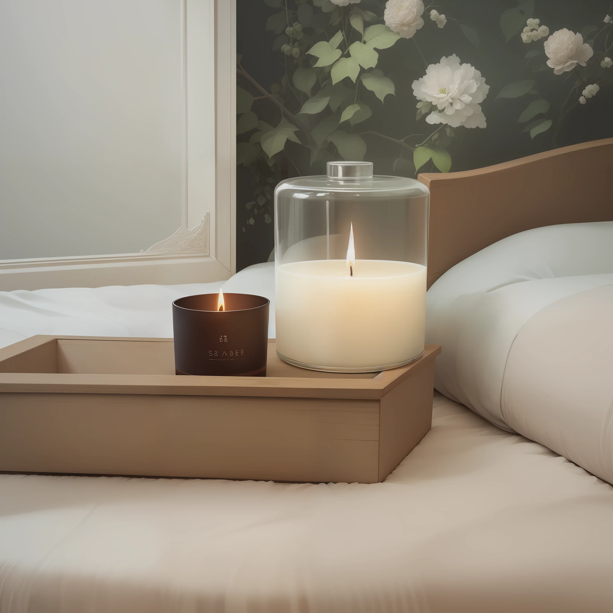 High quality photographic, aromatic candle, bed cabinet, clean, minimalist --auto --s2