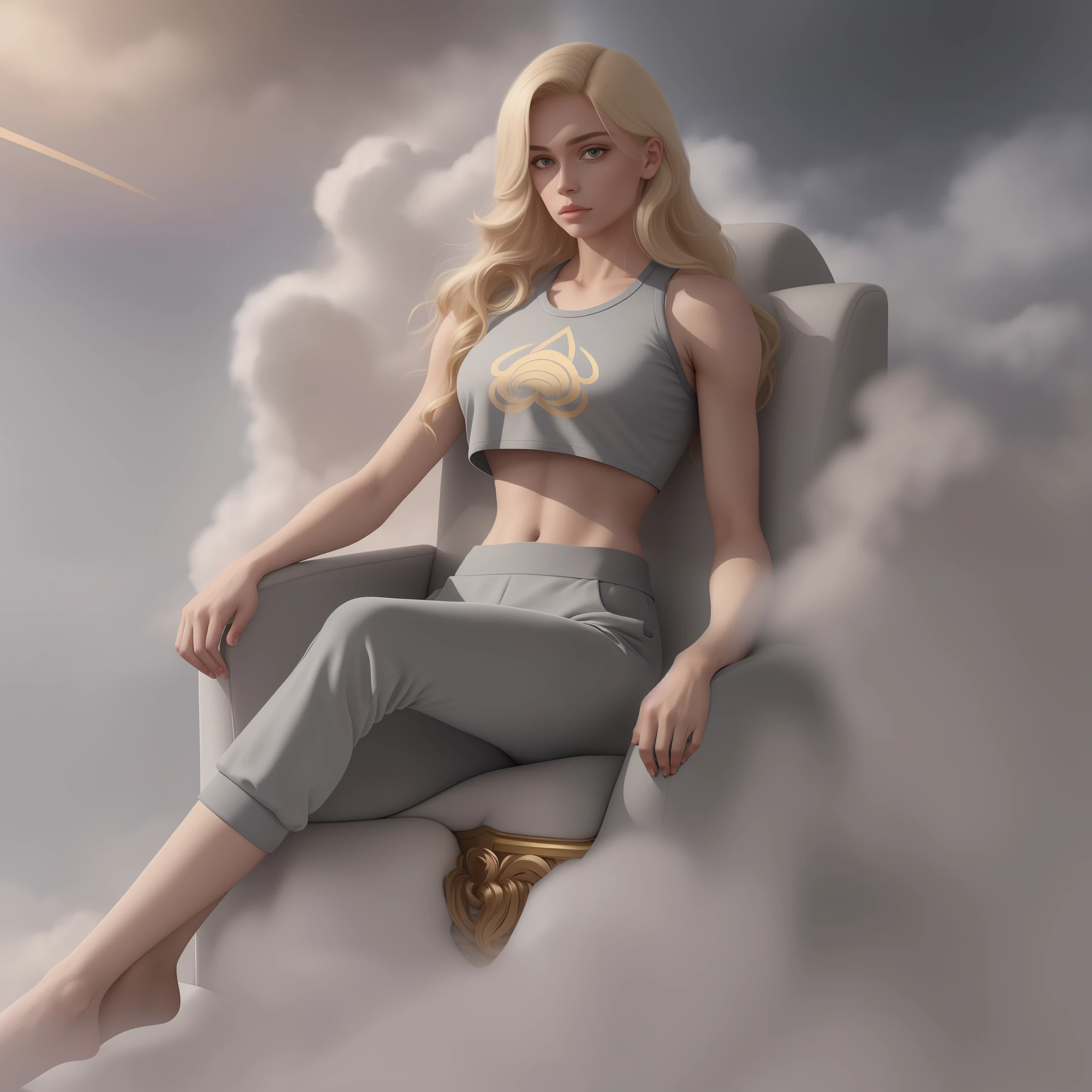 god is a blonde woman above the clouds, sitting on a golden throne, legs crossed, on a cloud detailed face, grey sport croptop, grey sweatpants