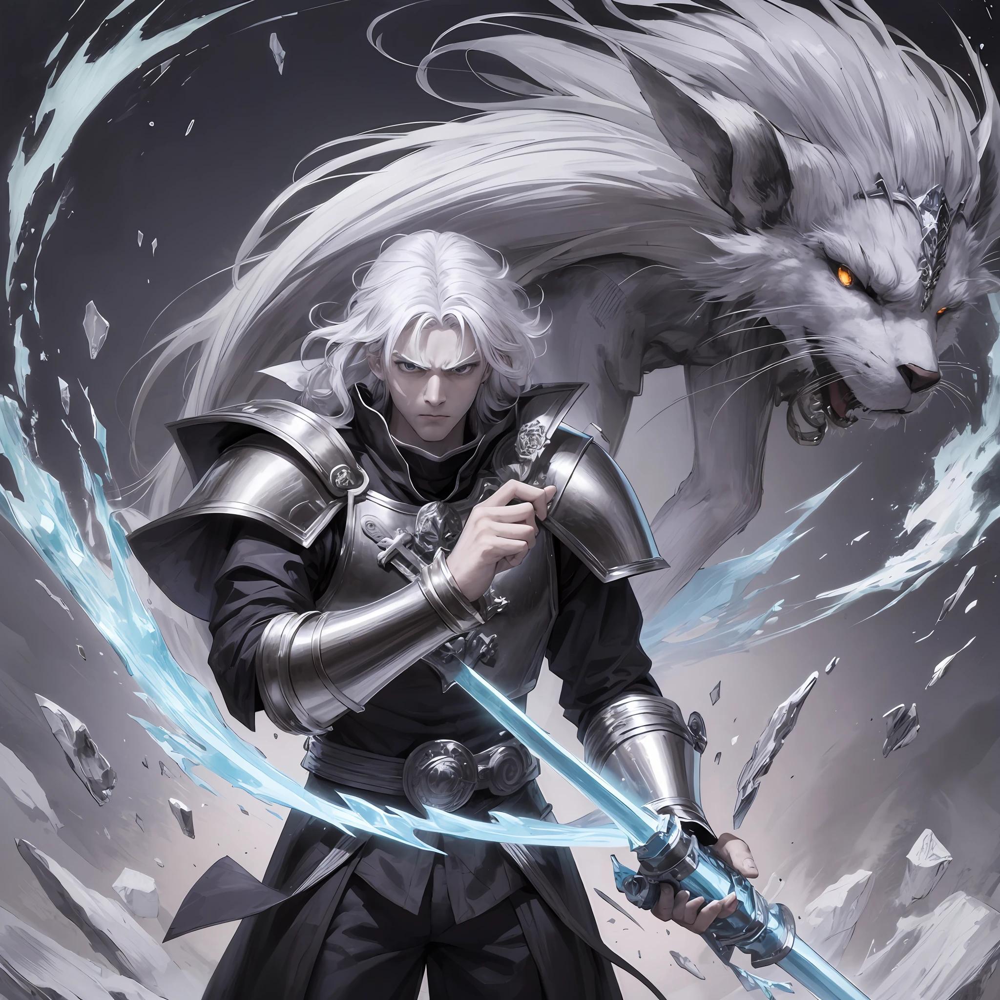 Anime, medium white hair, male, sad face, arms crossed, wearing a paw, gauntlet sword, black clothes, saddened, furious, arms outstretched, holding a paw gauntlet sword, cold, ice powers, frozen place, next to a giant made of ice, ice, ice giant