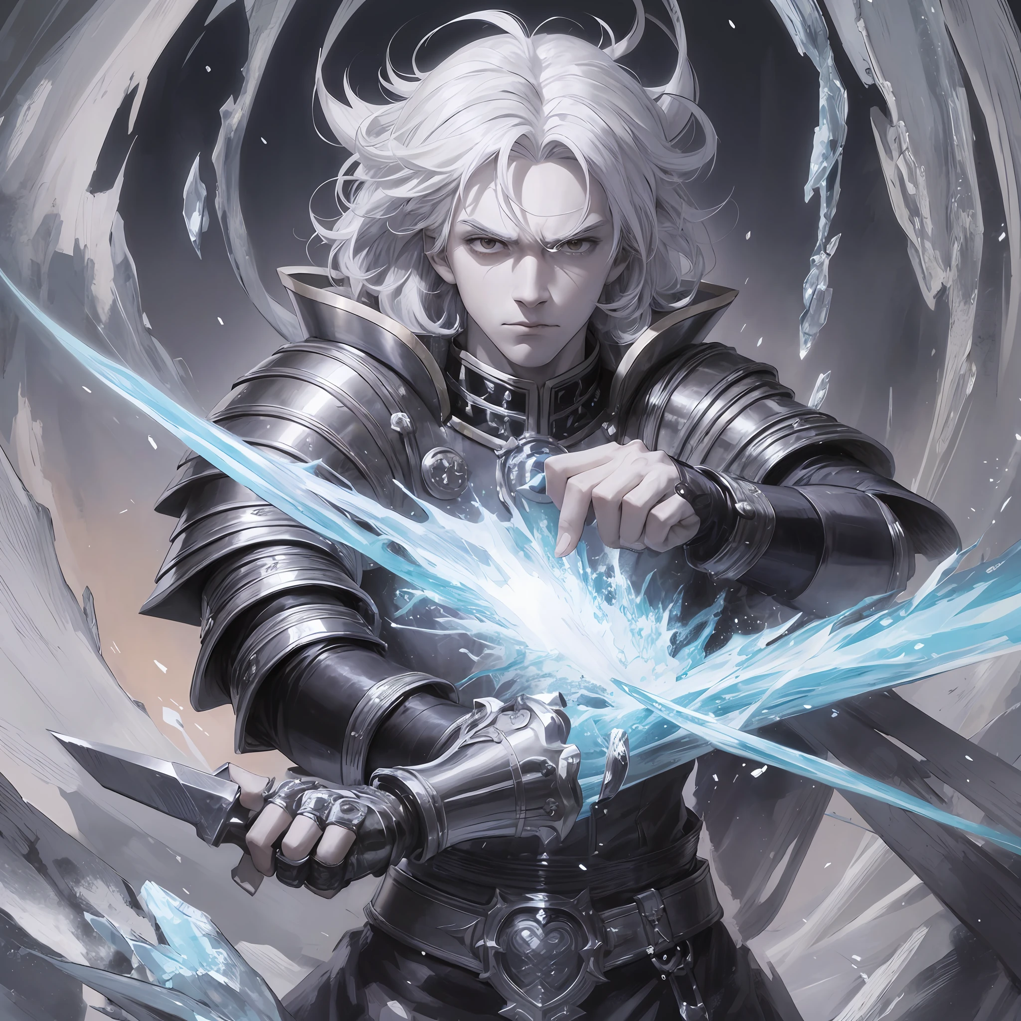 Anime, medium white hair, male, sad face, arms crossed, wearing a paw, gauntlet sword, black clothes, saddened, furious, arms outstretched, holding a paw gauntlet sword, cold, ice powers, frozen place, next to a giant made of ice, ice, ice giant