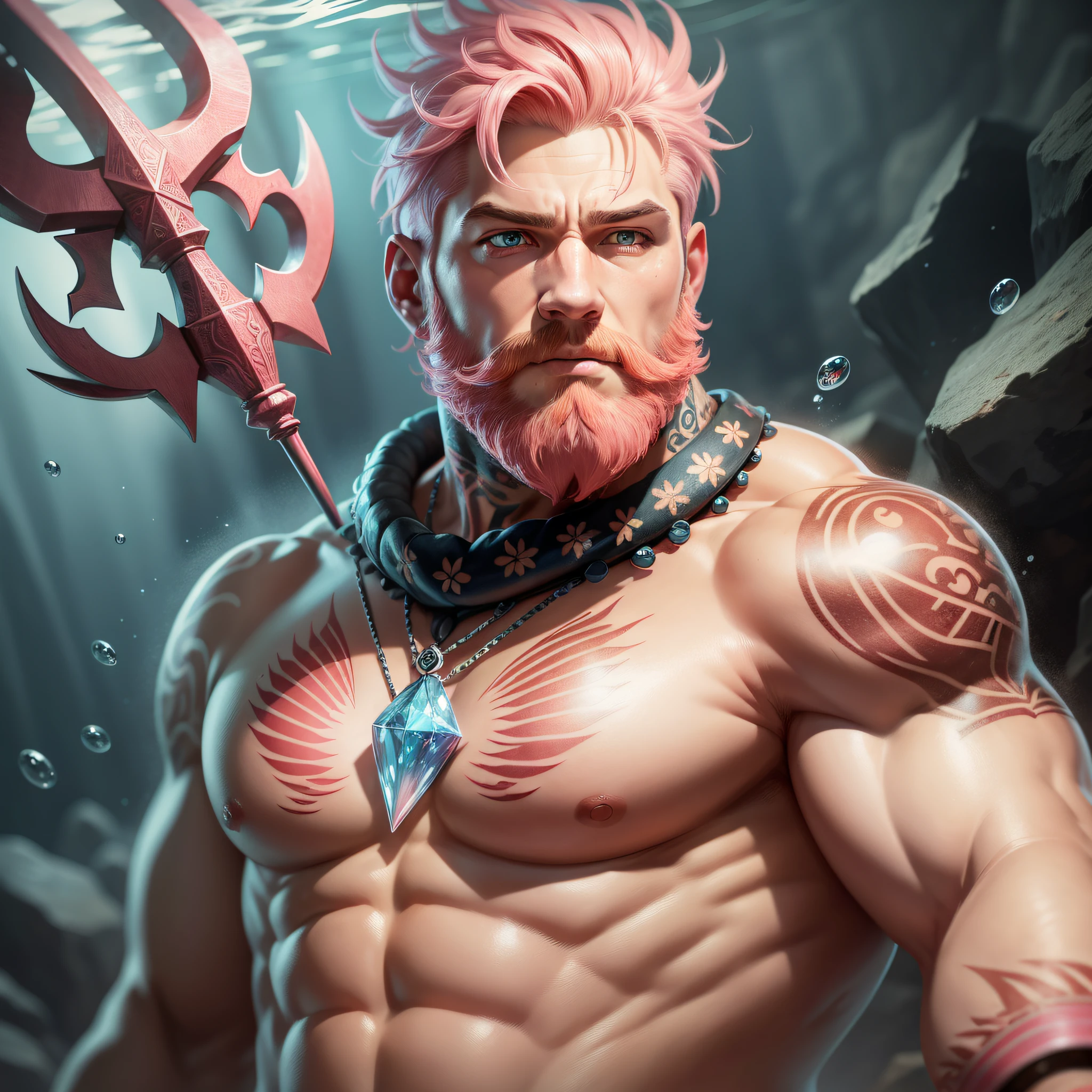 A strong man, short pink hair, short beard, has orange eyes, is underwater, has tattoos, has a crystal trident, realistic drawing style, focus on the face