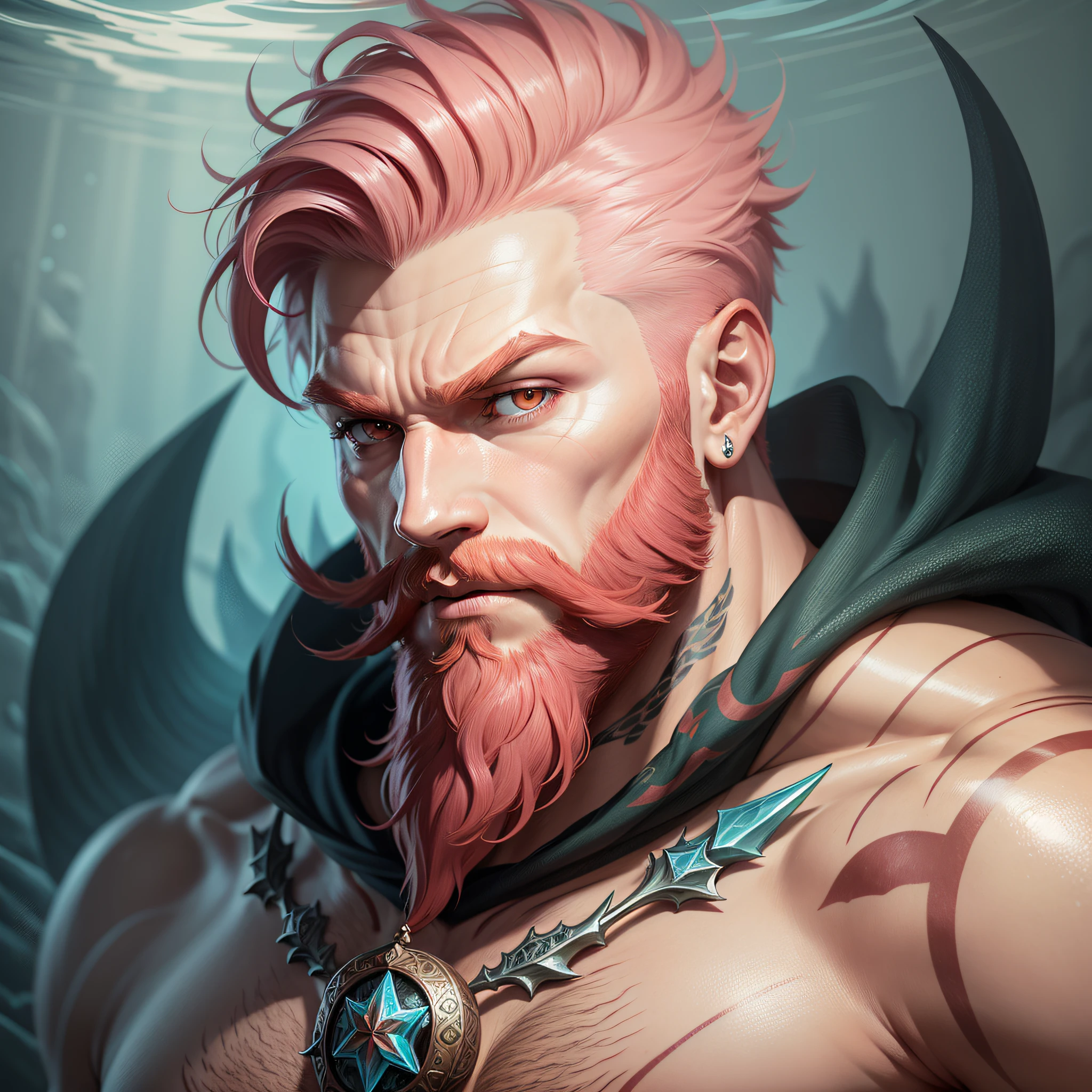 A strong man, short pink hair, short beard, has orange eyes, is underwater, has tattoos, has a crystal trident, realistic drawing style, focus on the face