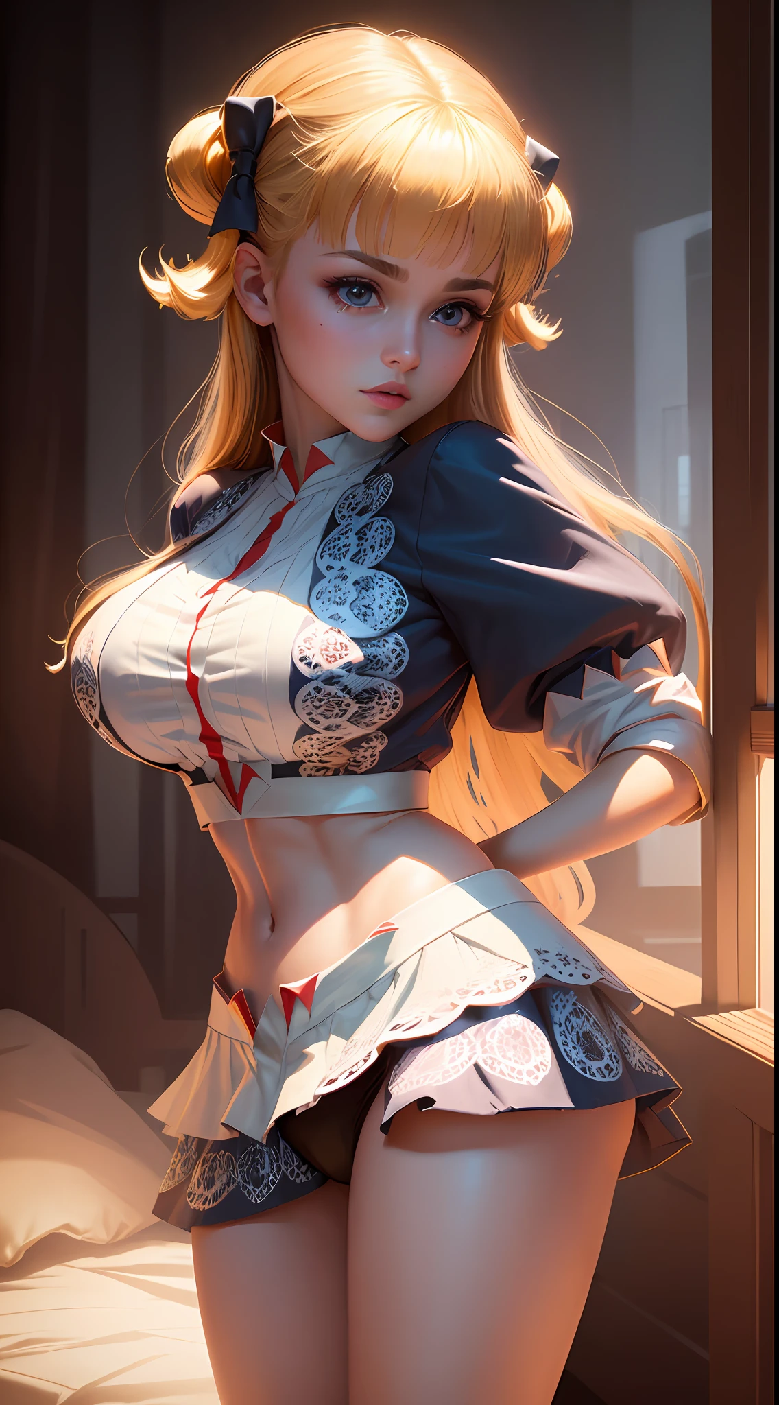 ((Best quality, 8k, Masterpiece :1.3)), dramatic lighting, pretty woman, 1girl, huge breasts :1.3, (firm abs, slender figure :1.1), lustful, dark brown hair, (panties :1.1), ultra-detailed face, detailed lips, detailed eyes, double eyelid, bed, boudoir, blonde